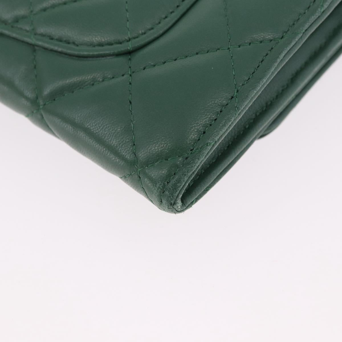 CHANEL Matelasse Long Wallet Lamb Skin Green Silver CC Auth 190682M