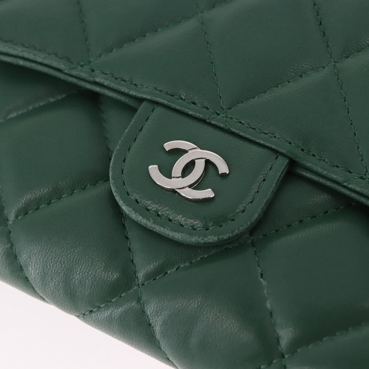 CHANEL Matelasse Long Wallet Lamb Skin Green Silver CC Auth 190682M