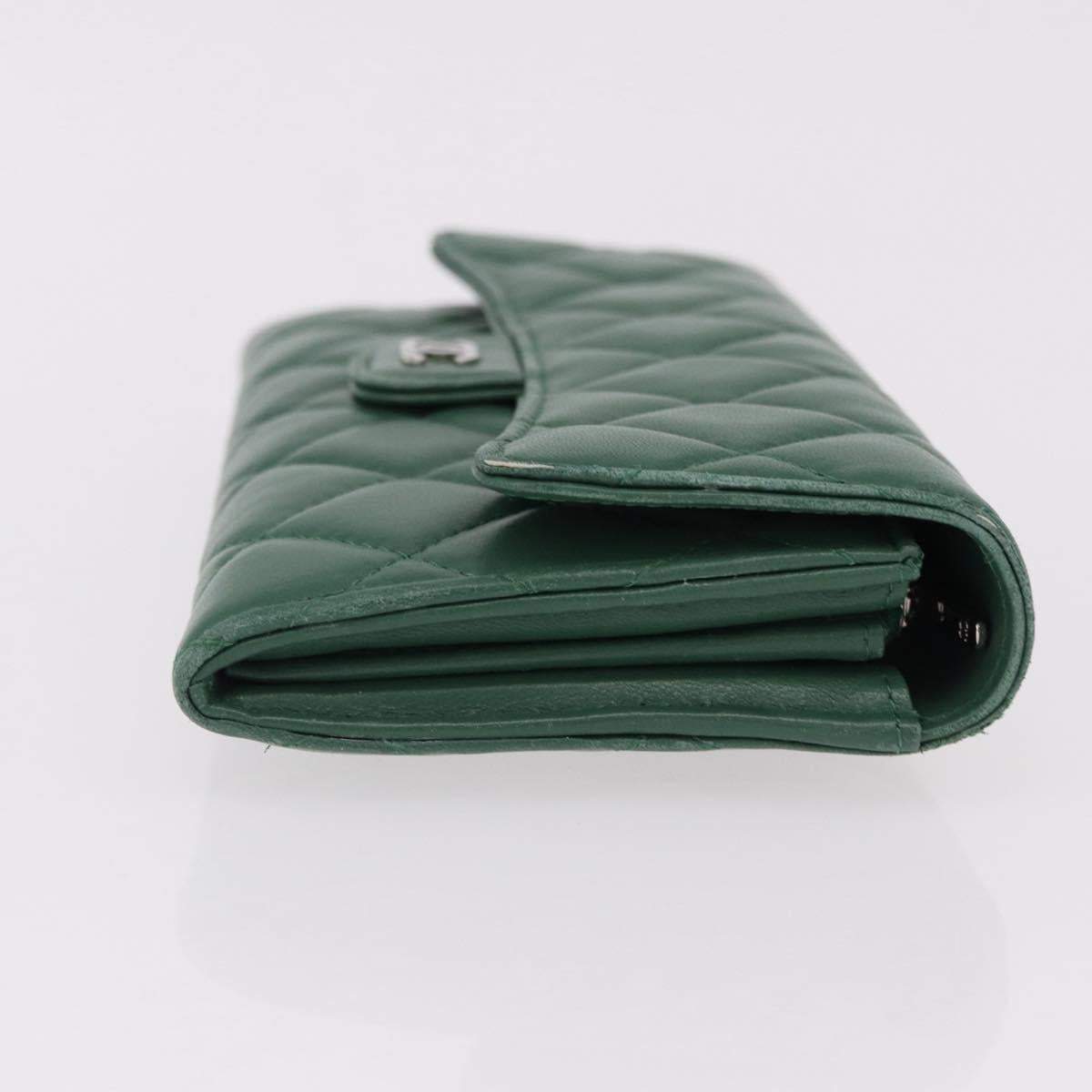 CHANEL Matelasse Long Wallet Lamb Skin Green Silver CC Auth 190682M