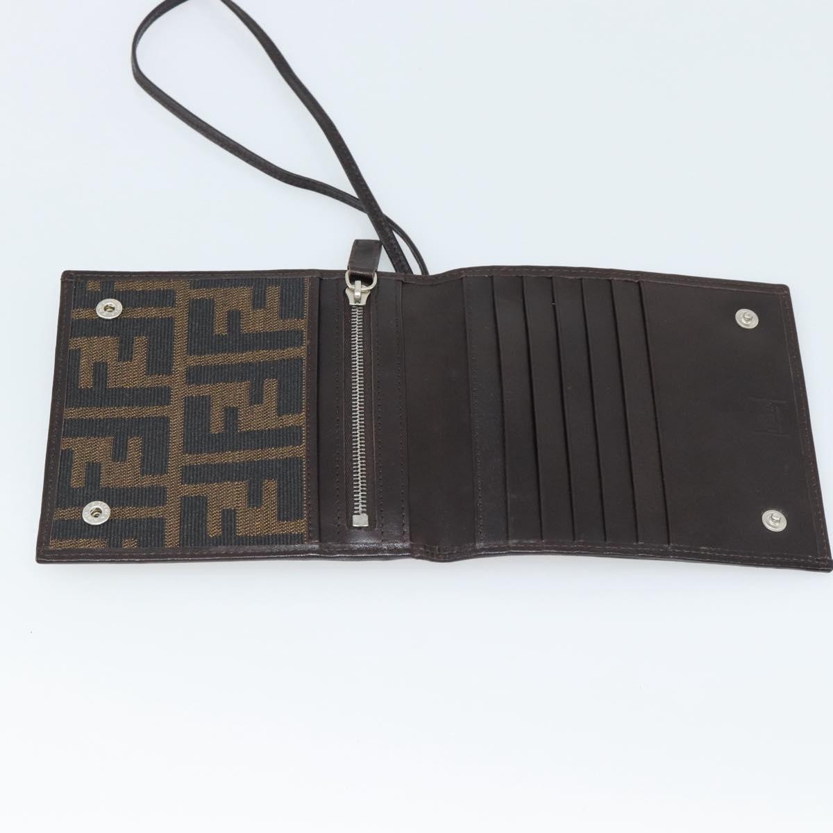 FENDI Zucca Canvas Shoulder Wallet Brown Black Auth 190683A