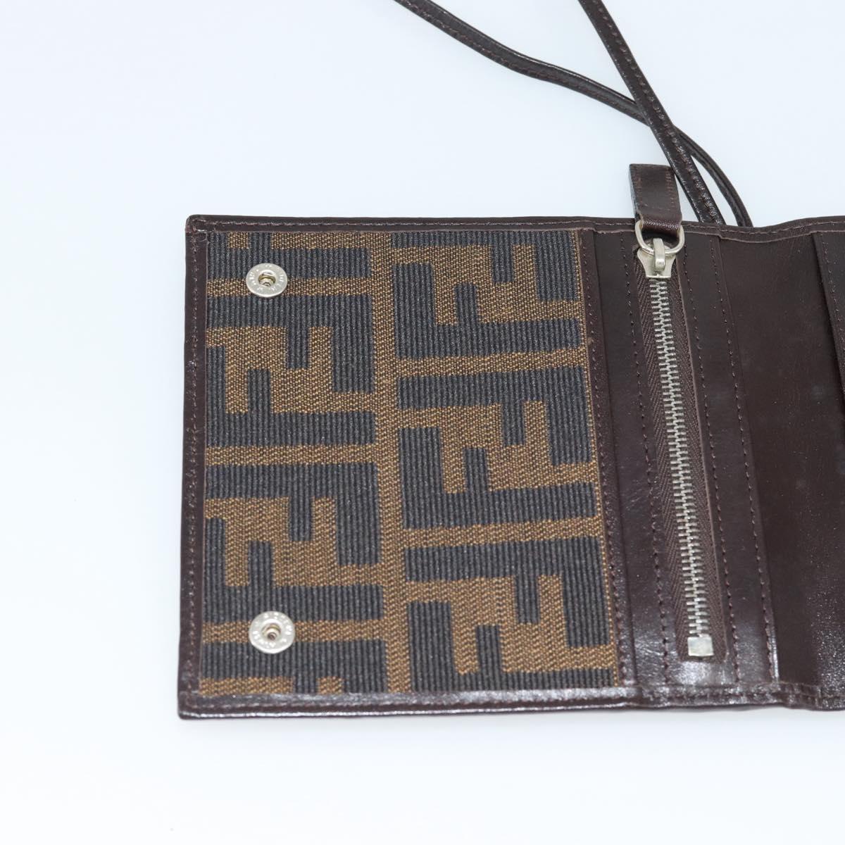 FENDI Zucca Canvas Shoulder Wallet Brown Black Auth 190683A