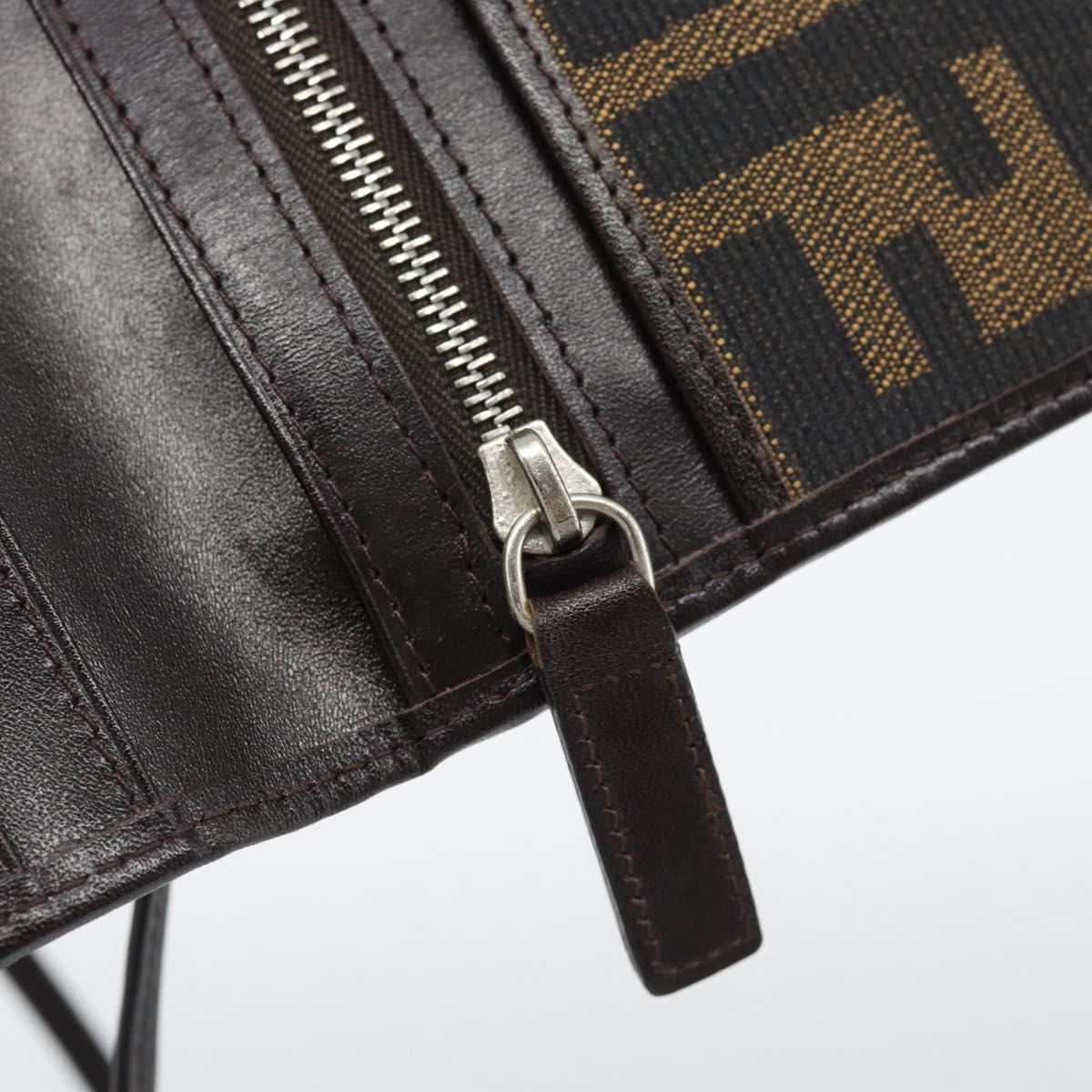 FENDI Zucca Canvas Shoulder Wallet Brown Black Auth 190683A