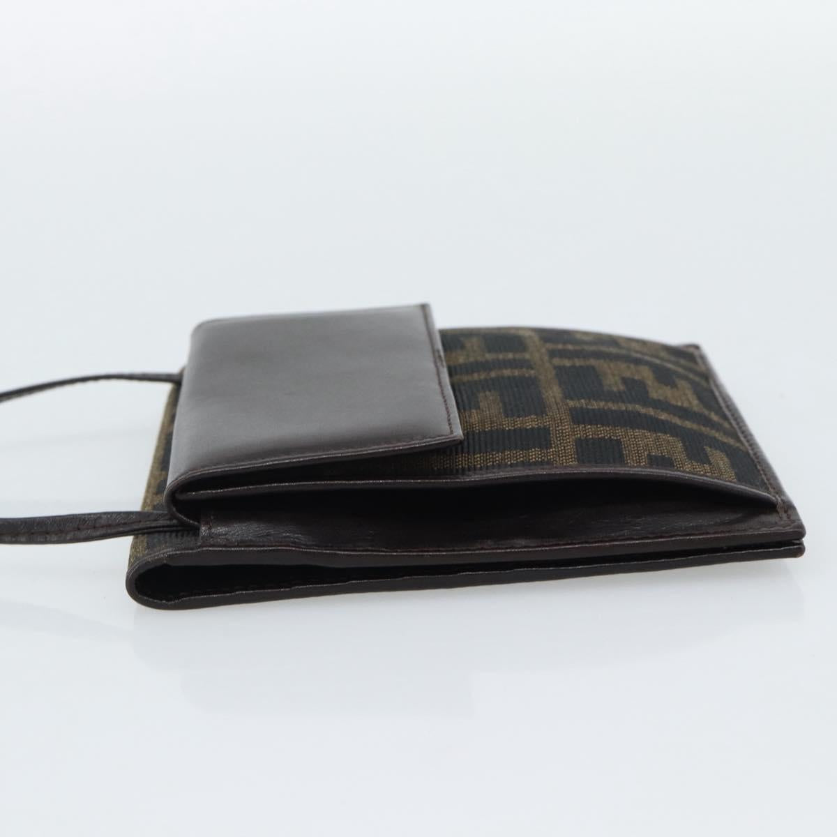 FENDI Zucca Canvas Shoulder Wallet Brown Black Auth 190683A
