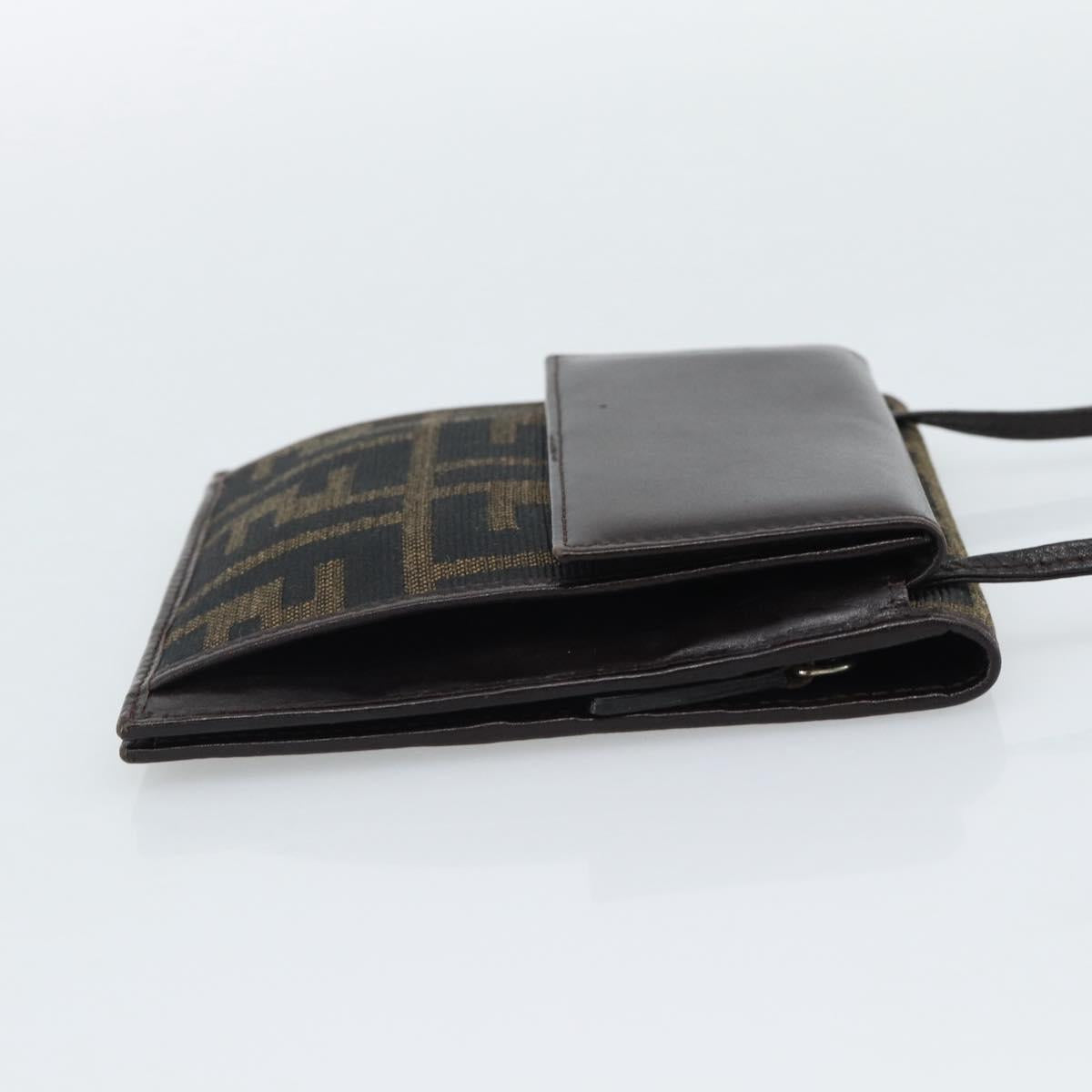 FENDI Zucca Canvas Shoulder Wallet Brown Black Auth 190683A
