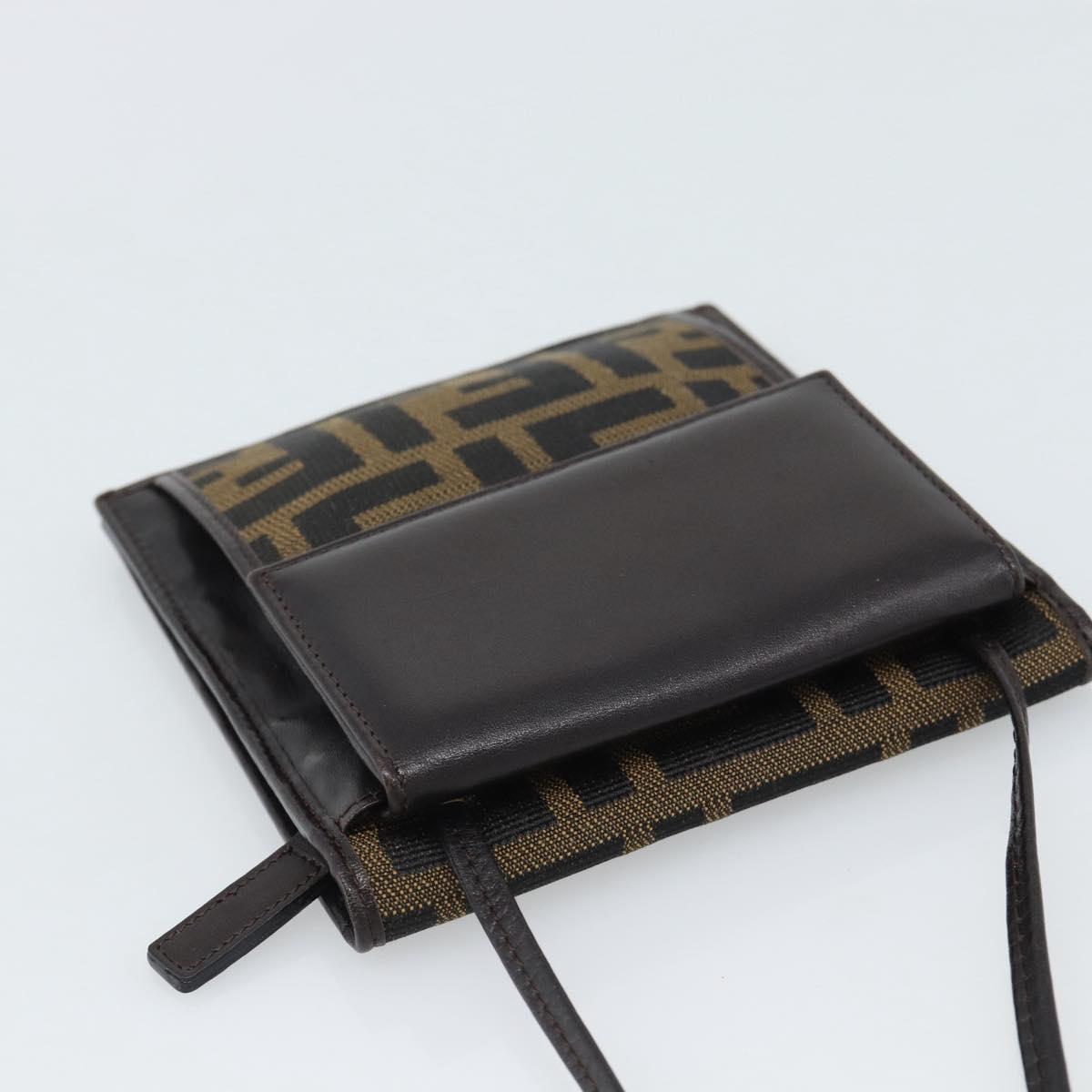 FENDI Zucca Canvas Shoulder Wallet Brown Black Auth 190683A