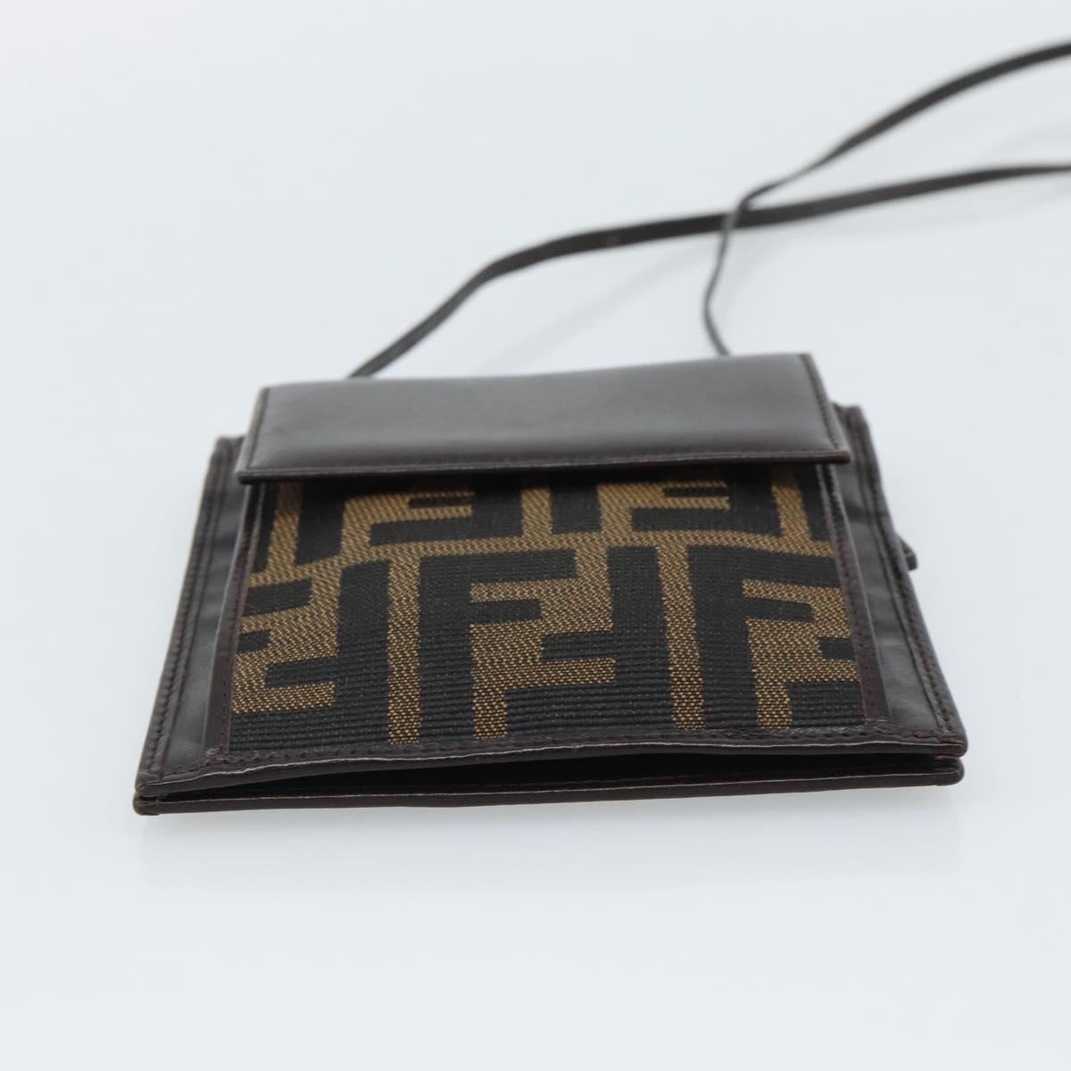FENDI Zucca Canvas Shoulder Wallet Brown Black Auth 190683A