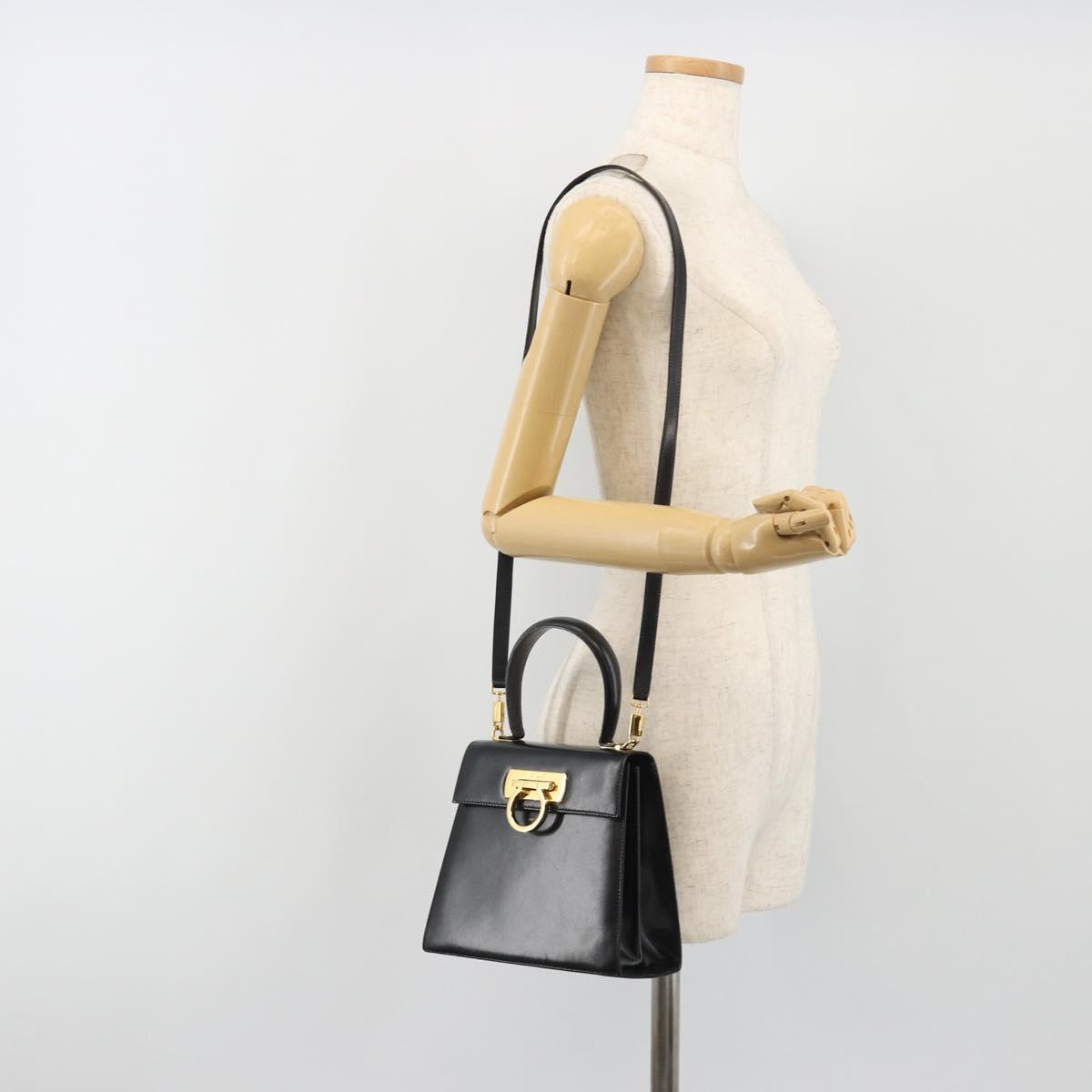 Salvatore Ferragamo Gancini Hand Bag Leather 2way Black Gold Auth 190688