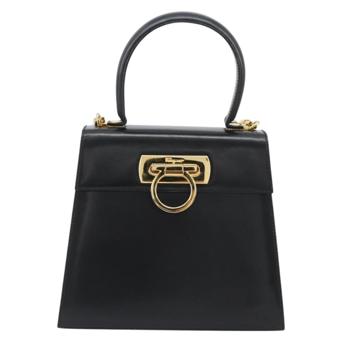 Salvatore Ferragamo Gancini Hand Bag Leather 2way Black Gold Auth 190688
