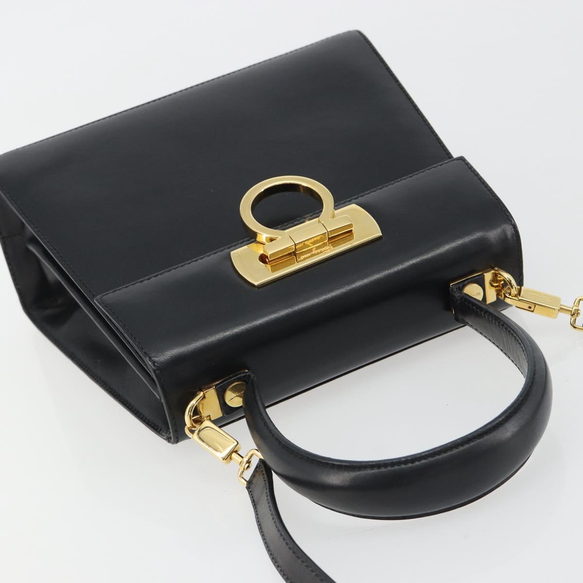 Salvatore Ferragamo Gancini Hand Bag Leather 2way Black Gold Auth 190688