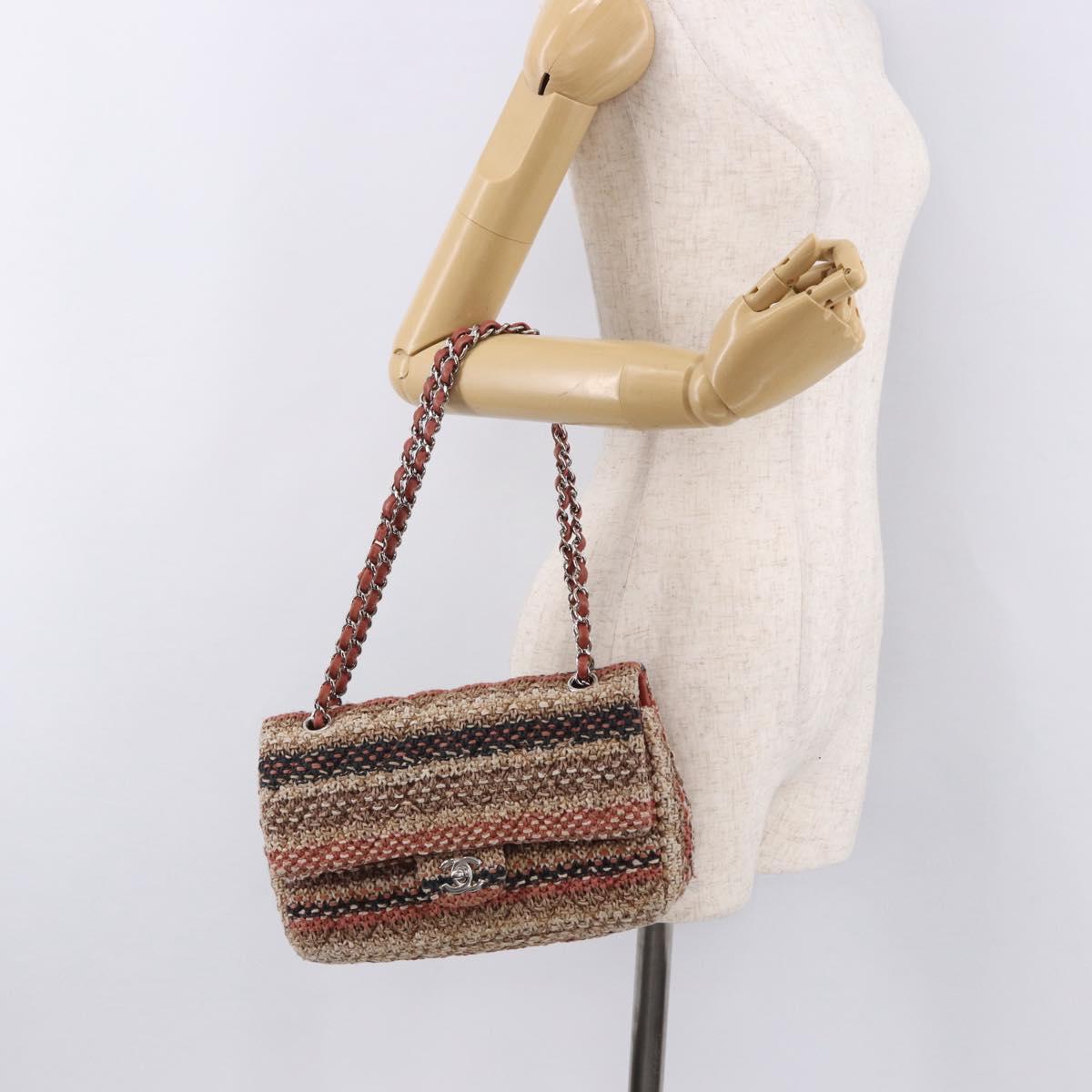 CHANEL Matelasse 25 Chain Shoulder Bag Raffia Multicolor Silver CC Auth 190691SM