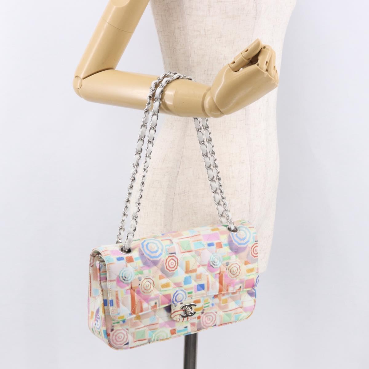CHANEL Matelasse 25 Chain Shoulder Bag Raffia Multicolor Silver CC Auth 190691SM