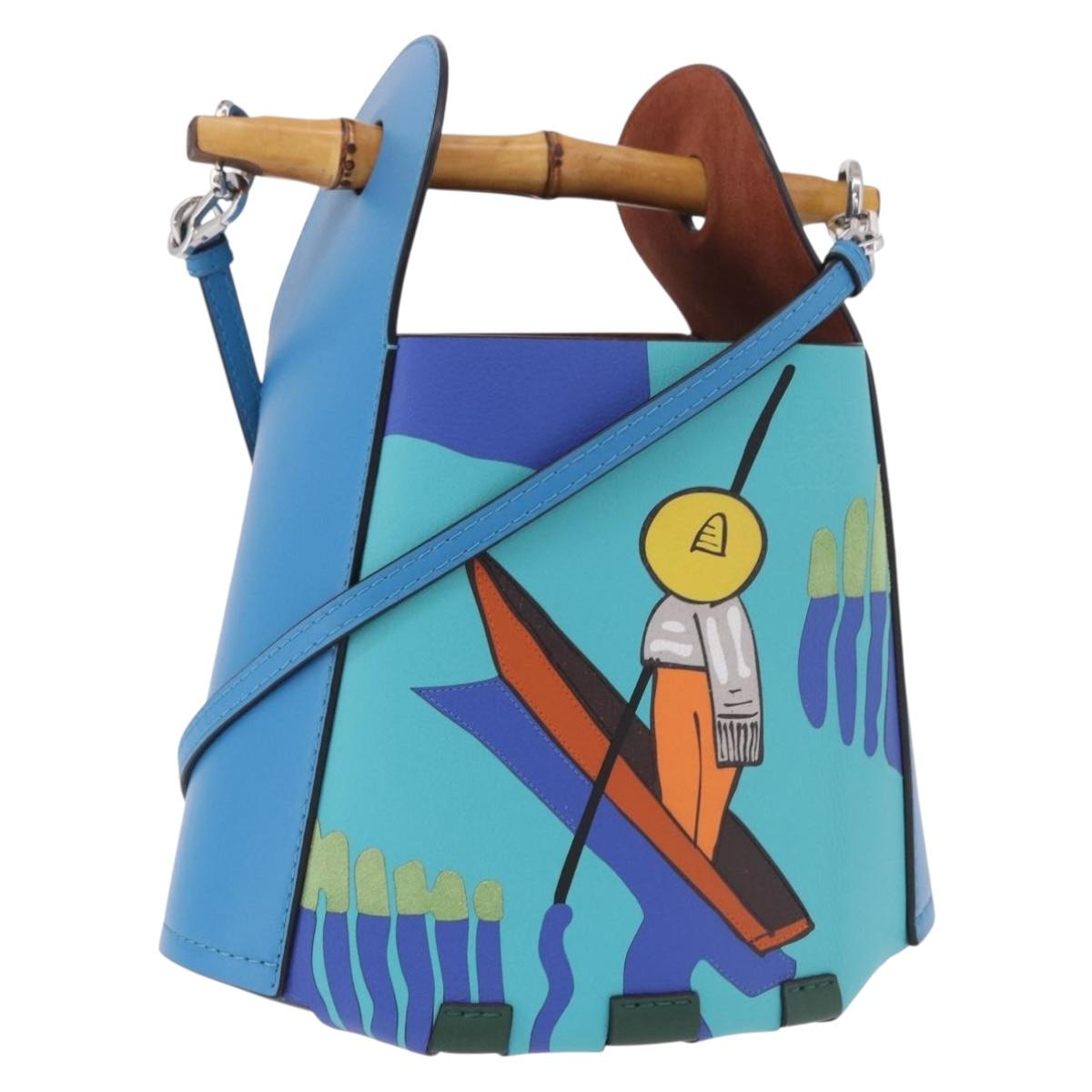 LOEWE KEN PRICE Bamboo Bucket Bag Leather 2way Blue Silver Auth 190693SAM