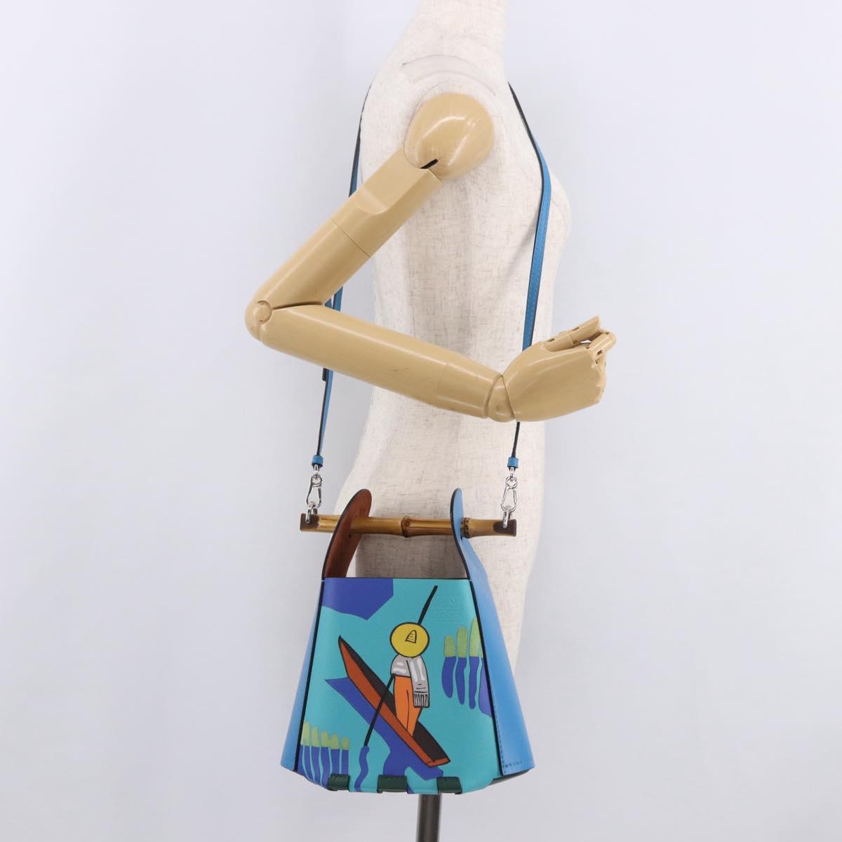 LOEWE KEN PRICE Bamboo Bucket Bag Leather 2way Blue Silver Auth 190693SAM