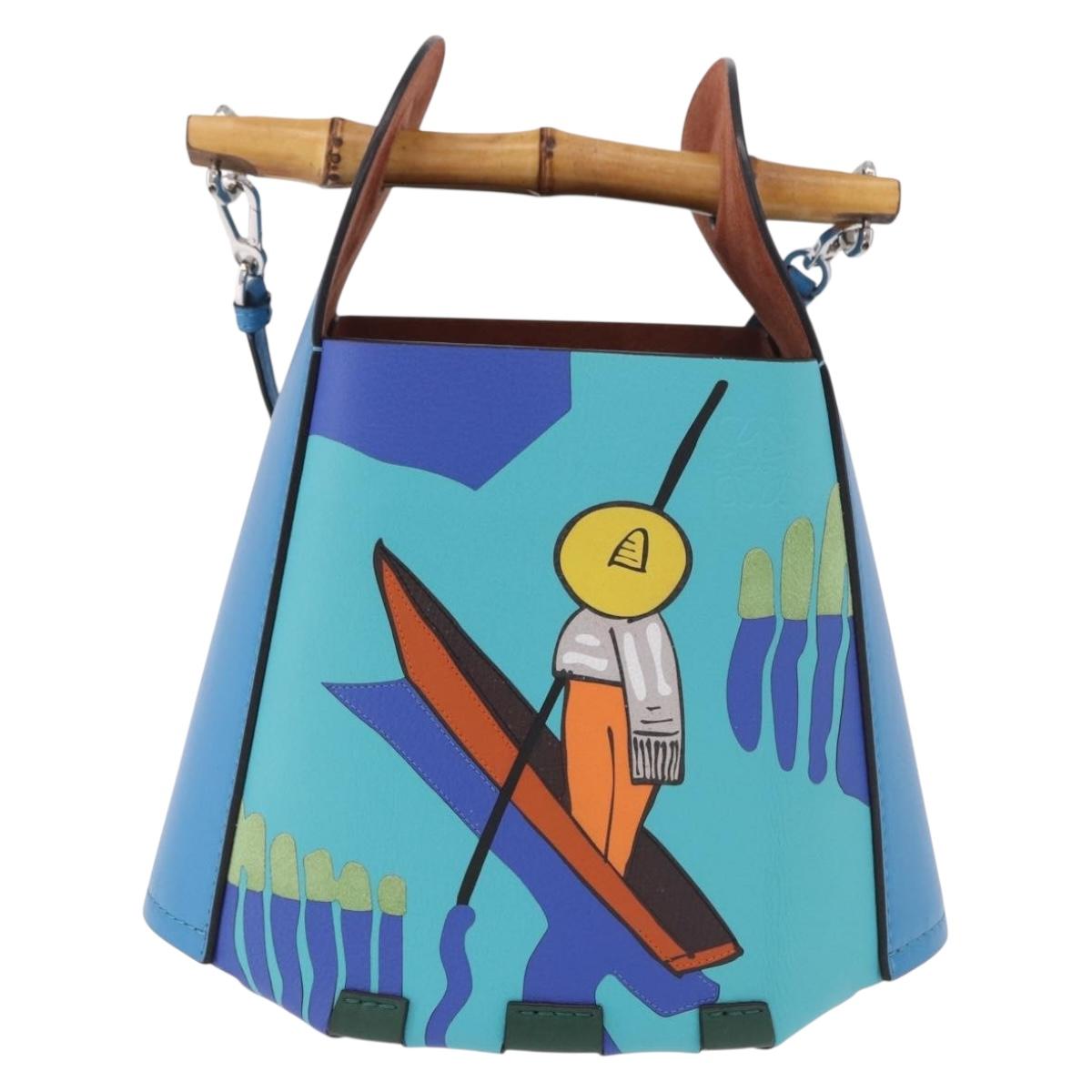 LOEWE KEN PRICE Bamboo Bucket Bag Leather 2way Blue Silver Auth 190693SAM