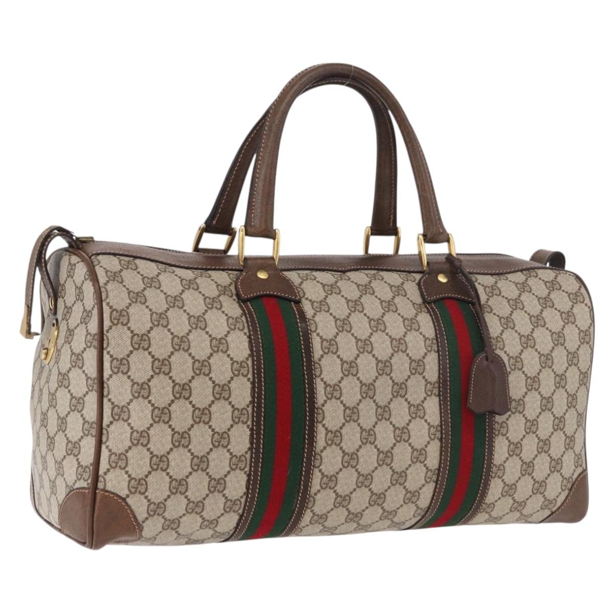 GUCCI GG Supreme Web Sherry Line Boston Bag PVC Beige Gold Auth 190713A