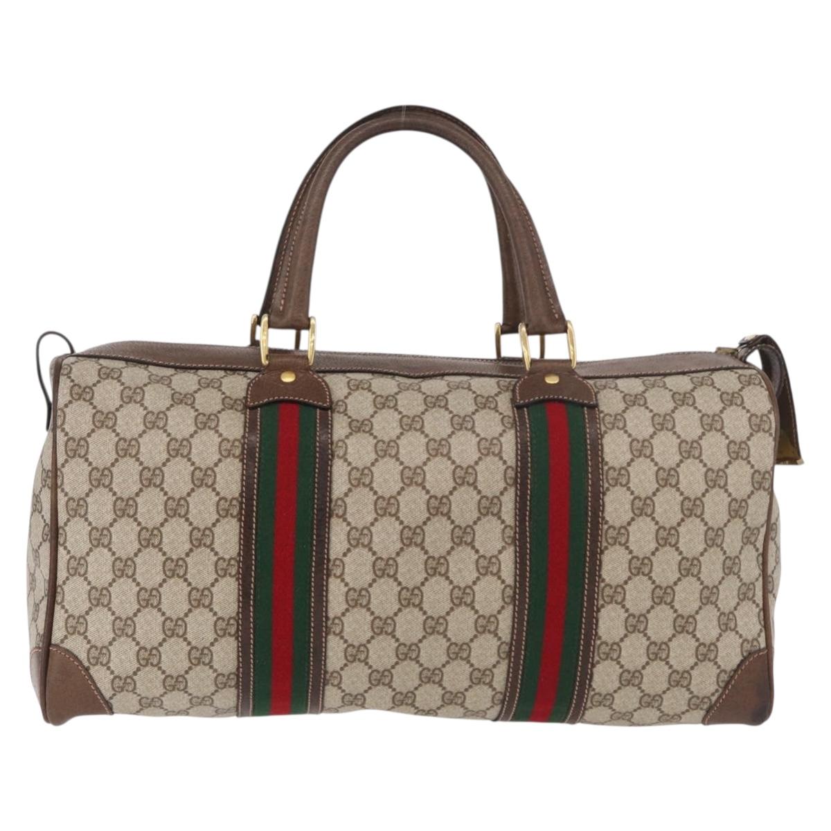 GUCCI GG Supreme Web Sherry Line Boston Bag PVC Beige Gold Auth 190713A