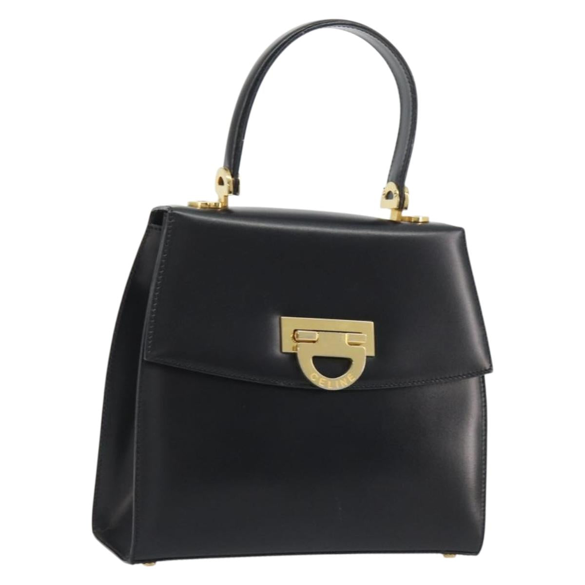 CELINE Circle Hand Bag Leather Black Gold Auth 190716V