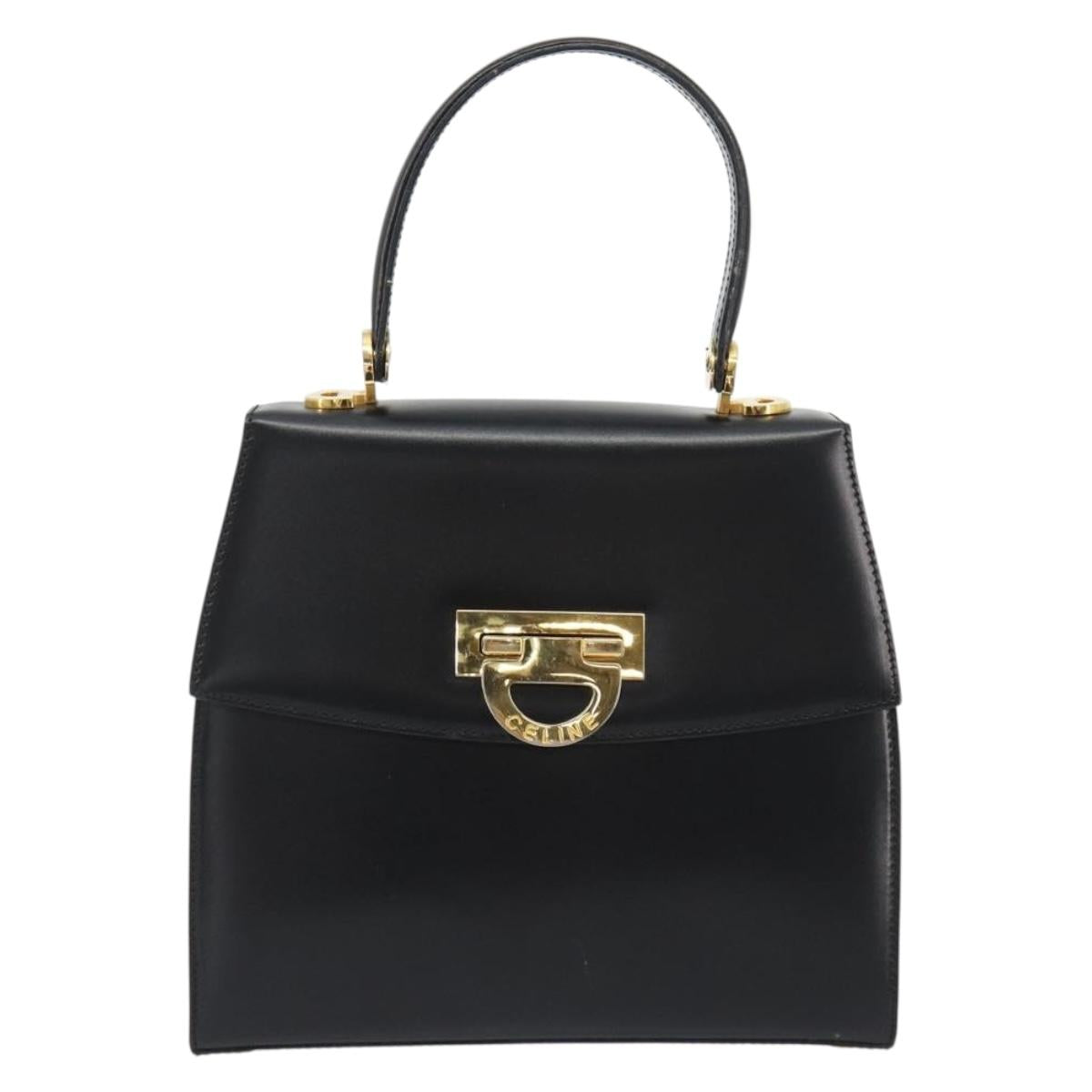 CELINE Circle Hand Bag Leather Black Gold Auth 190716V