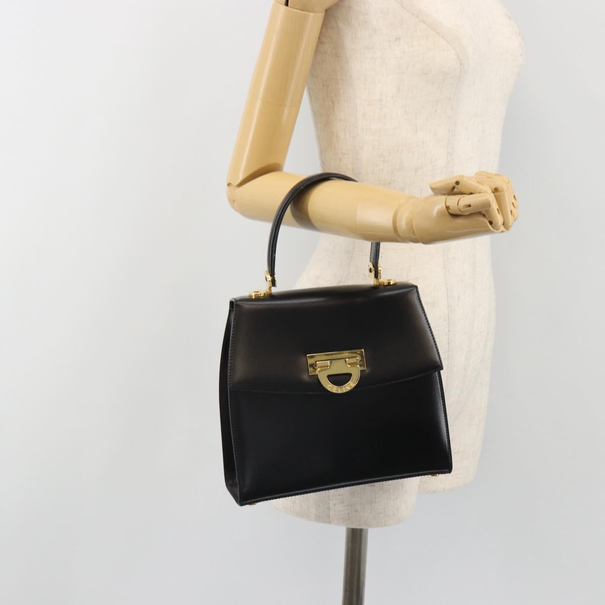 CELINE Circle Hand Bag Leather Black Gold Auth 190716V