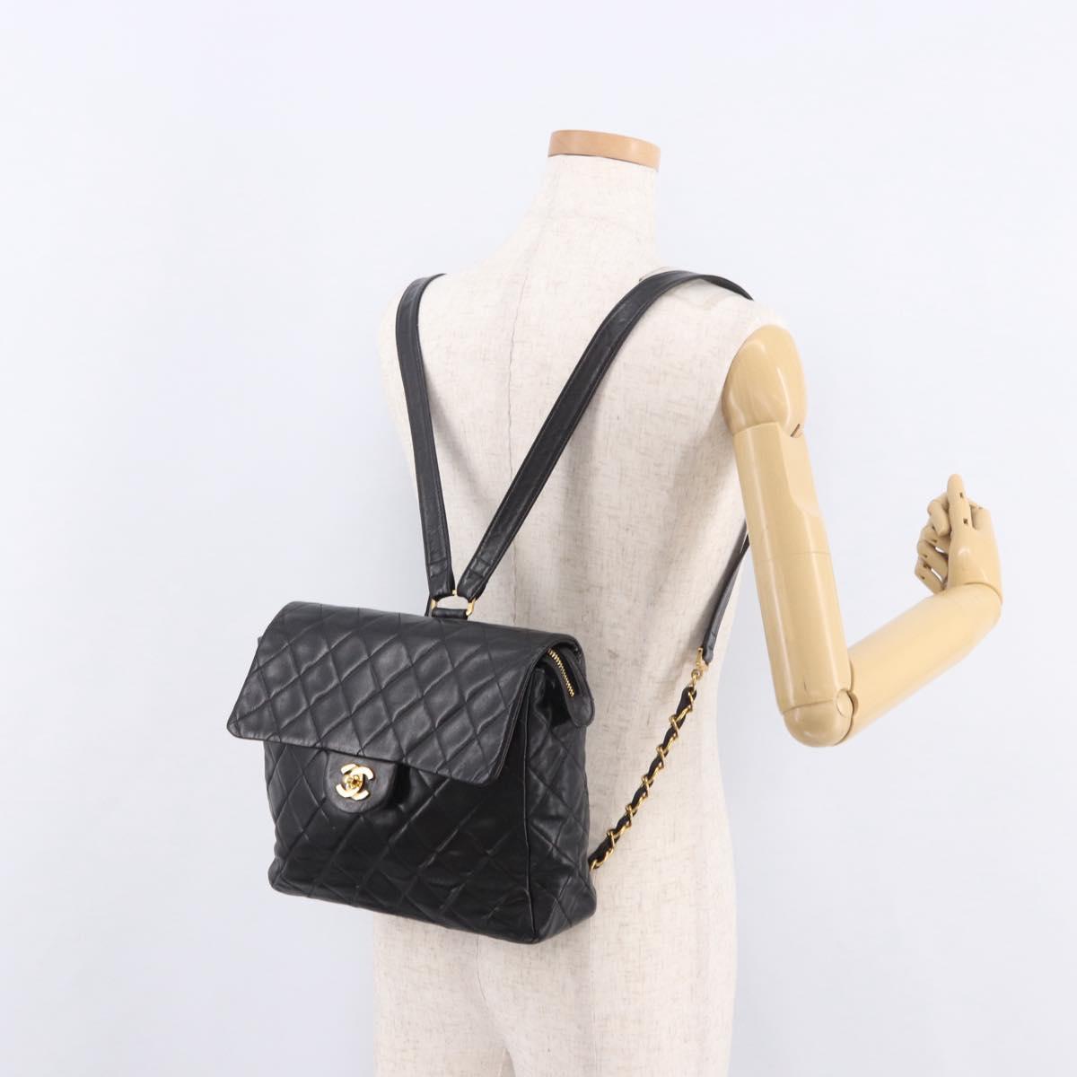 CHANEL Matelasse Chain Backpack Lamb Skin Black Gold CC Auth 190768SAV