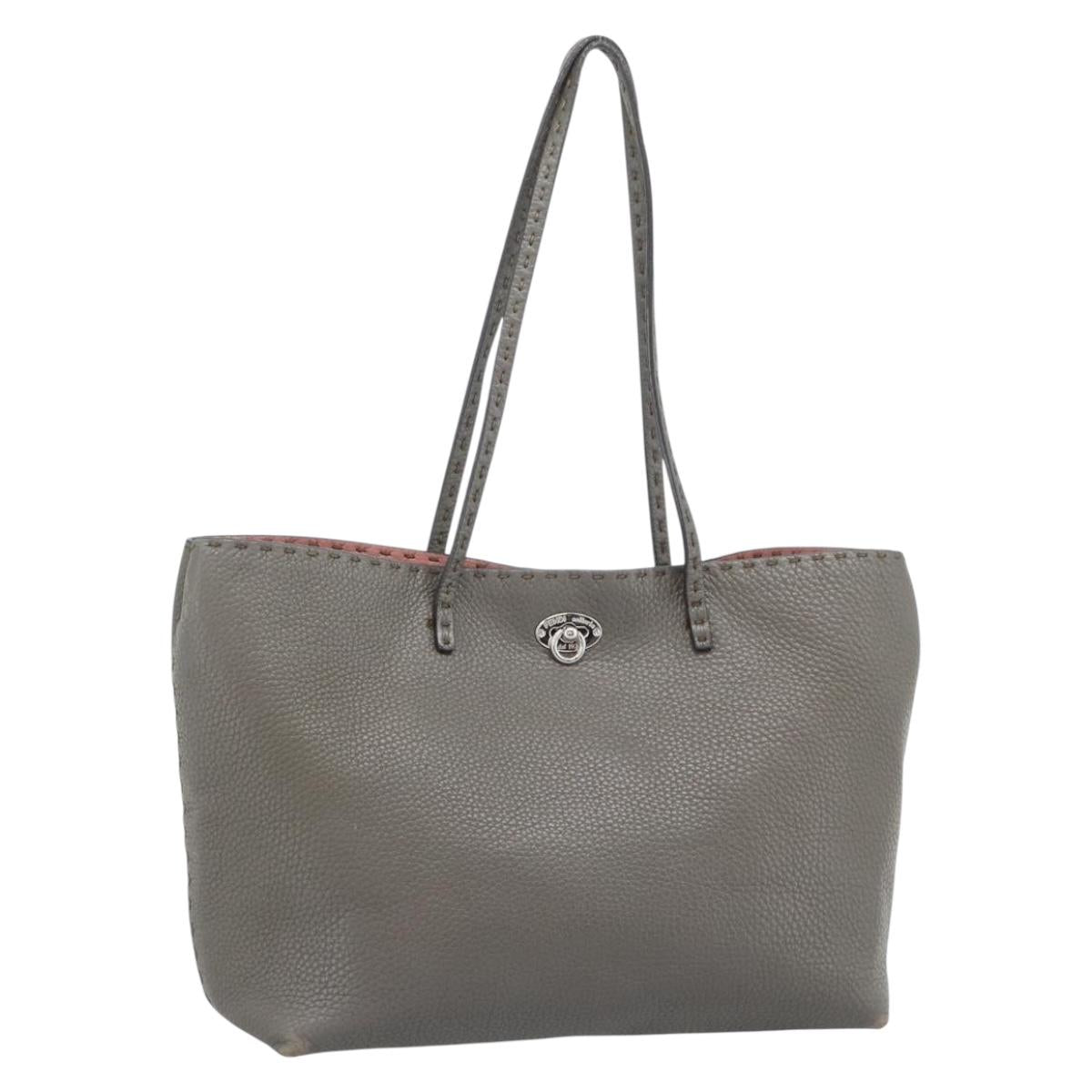FENDI Celeria Tote Bag Leather Gray Silver Auth 190772