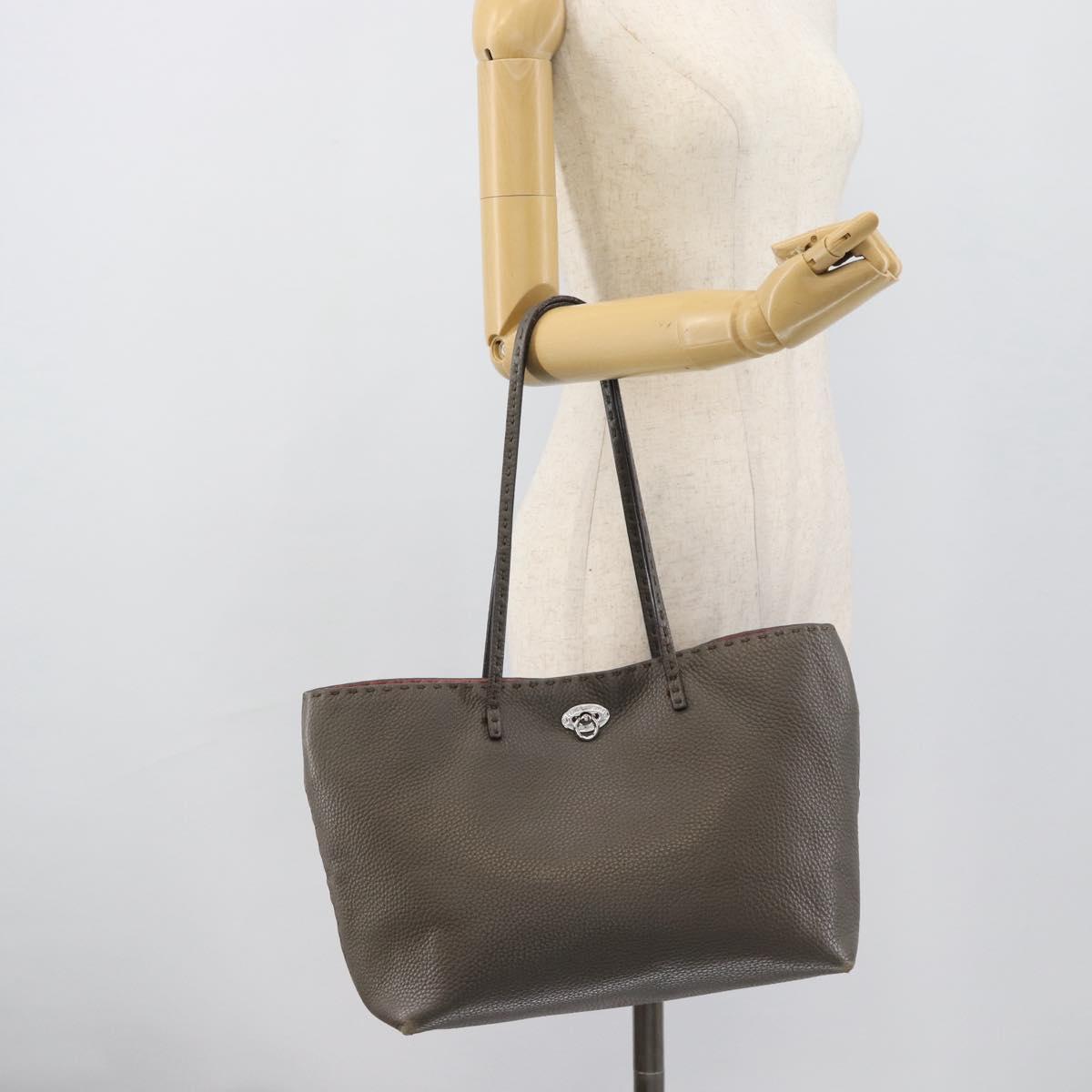 FENDI Celeria Tote Bag Leather Gray Silver Auth 190772