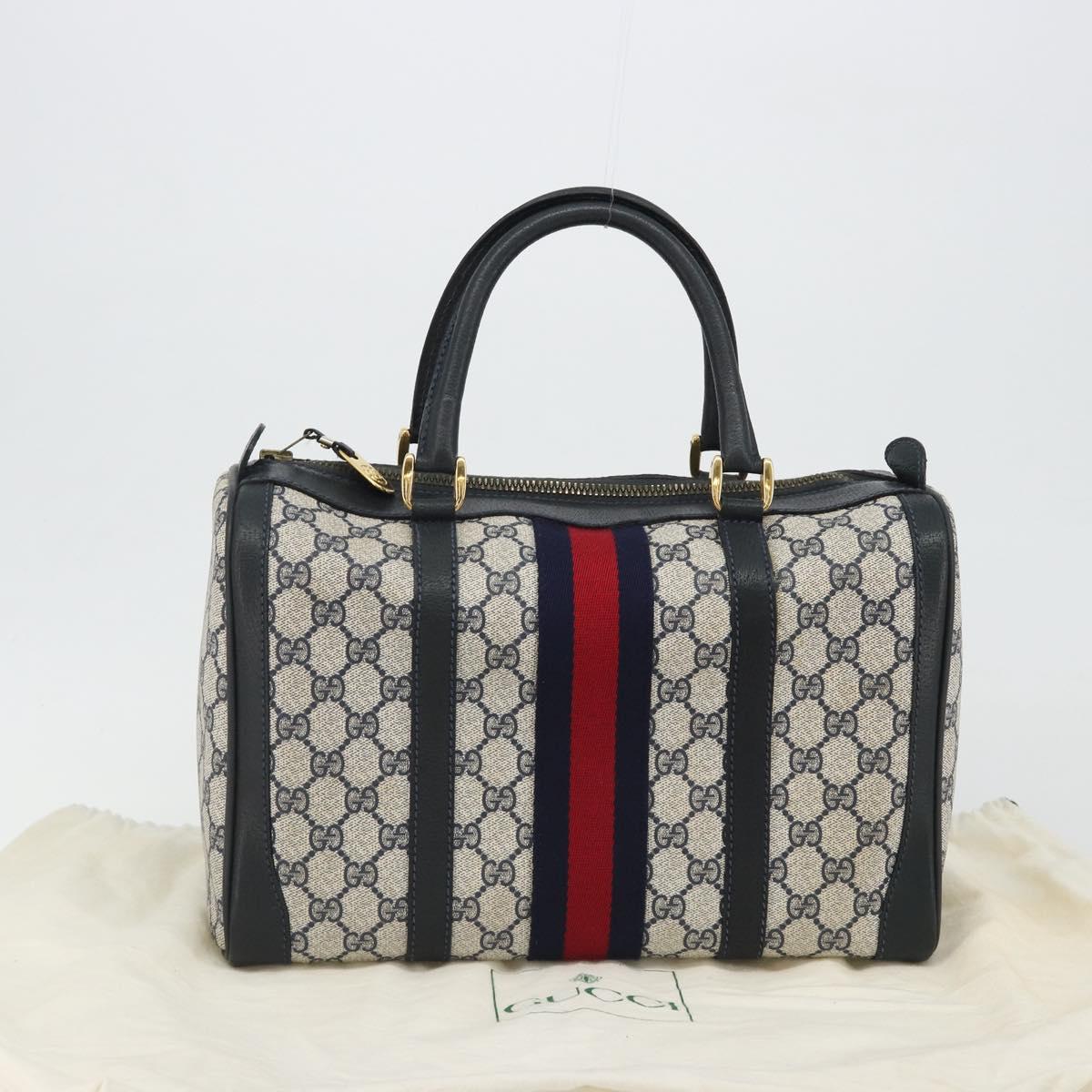 GUCCI GG Supreme Sherry Line Boston Bag PVC Navy Gold Auth 190785A