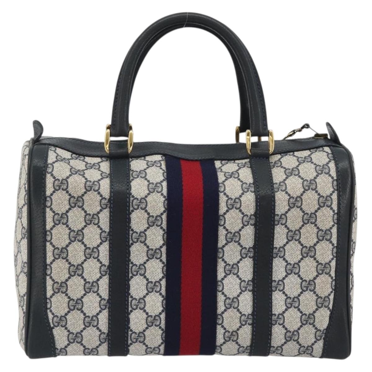 GUCCI GG Supreme Sherry Line Boston Bag PVC Navy Gold Auth 190785A