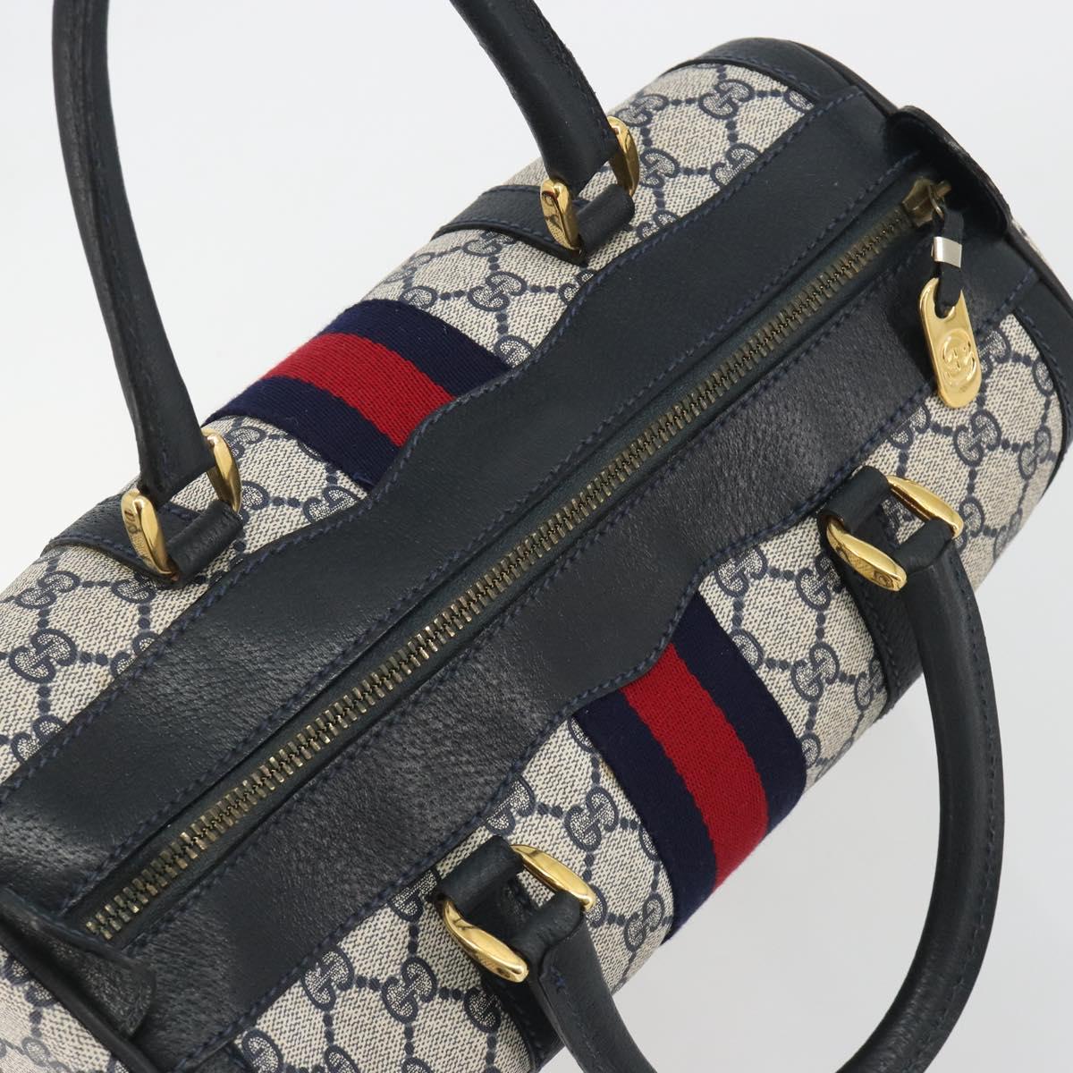 GUCCI GG Supreme Sherry Line Boston Bag PVC Navy Gold Auth 190785A