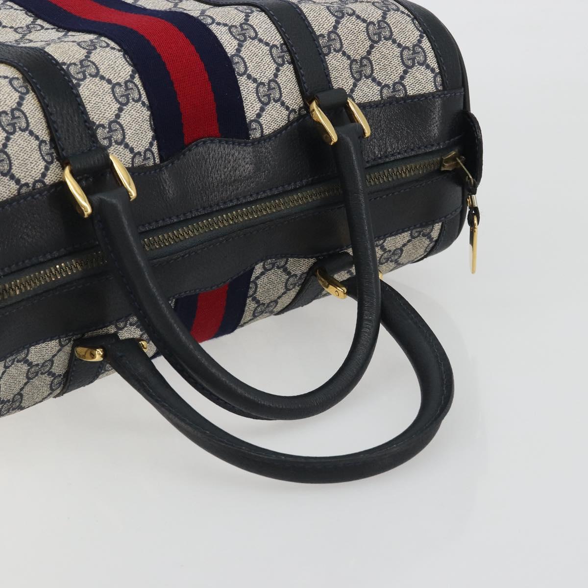 GUCCI GG Supreme Sherry Line Boston Bag PVC Navy Gold Auth 190785A