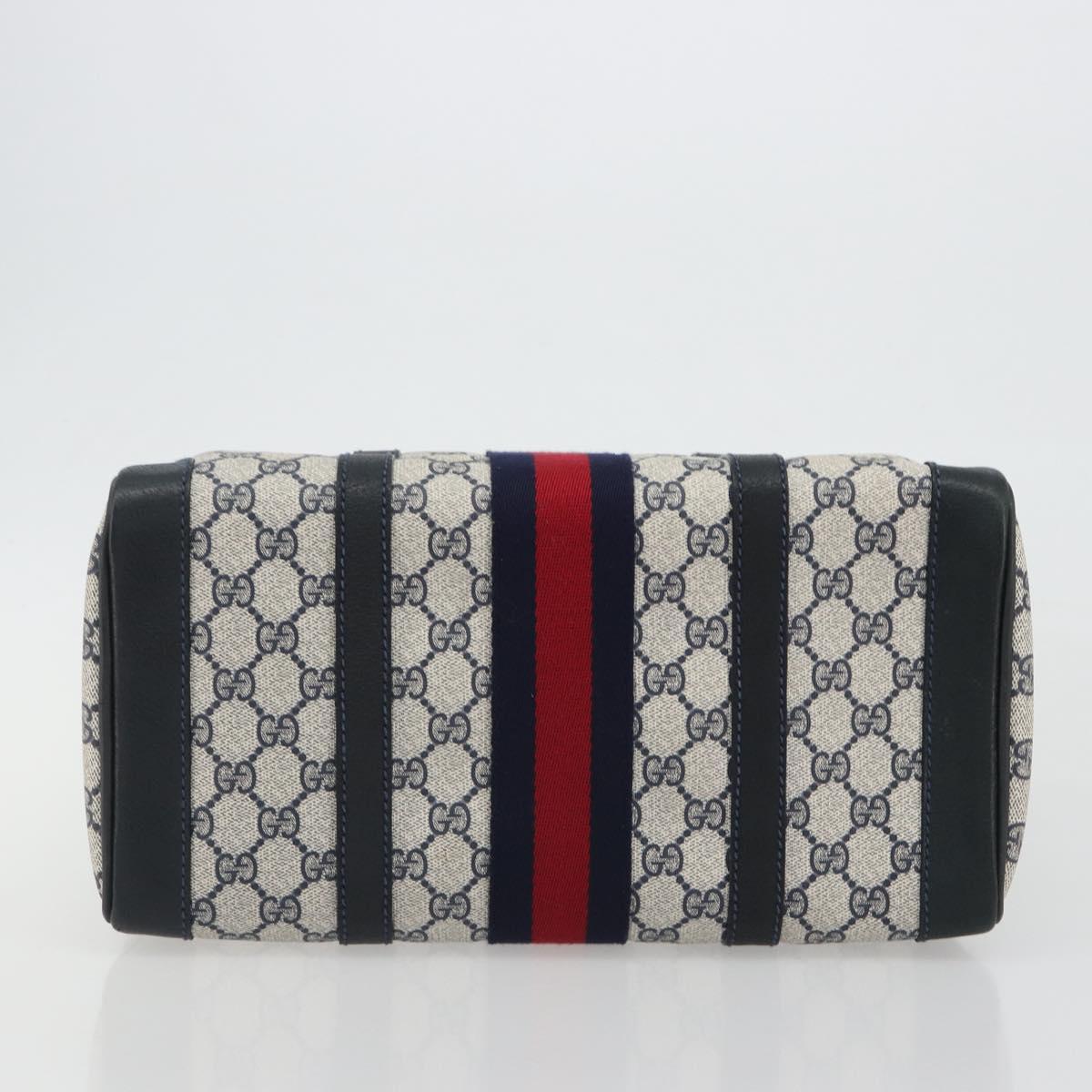 GUCCI GG Supreme Sherry Line Boston Bag PVC Navy Gold Auth 190785A
