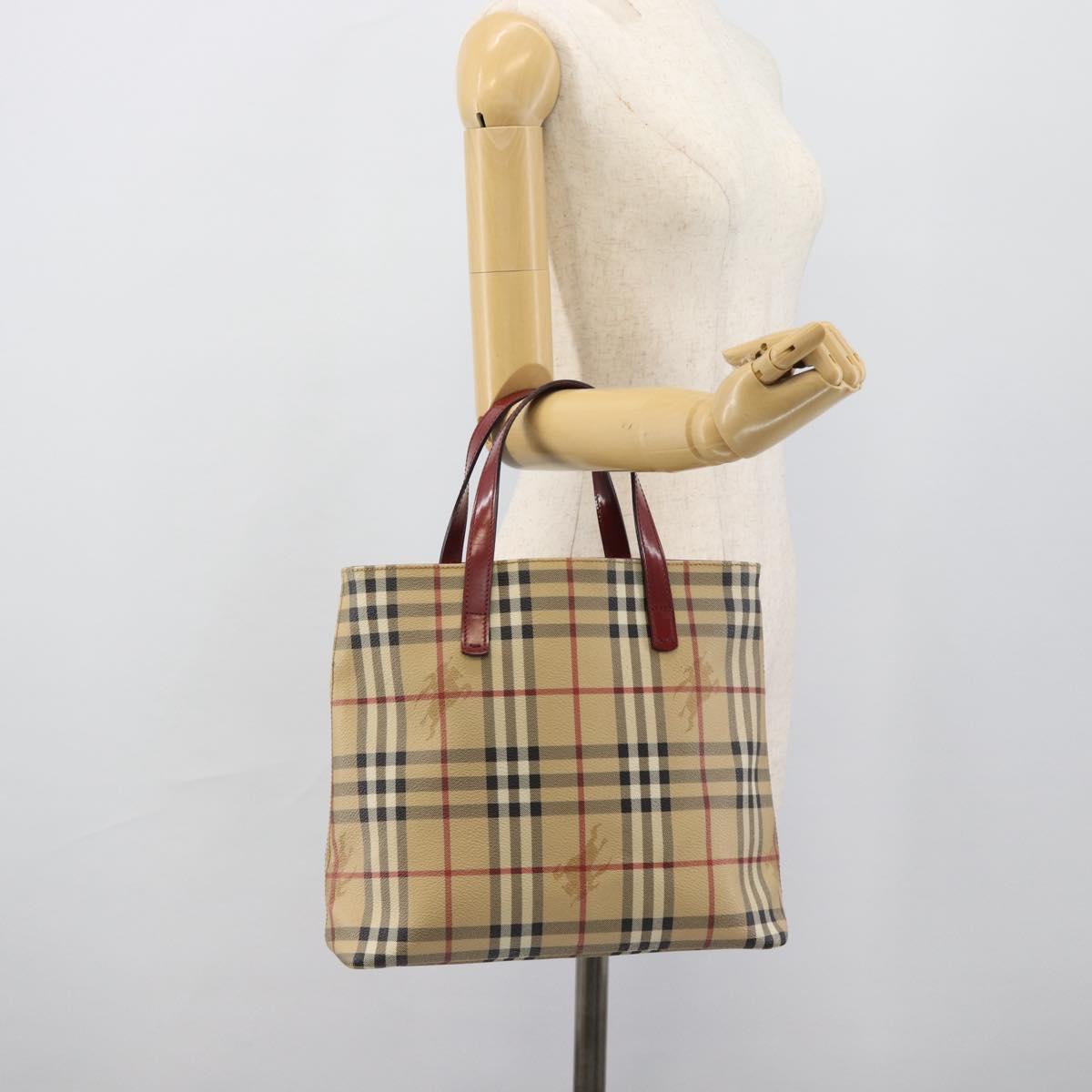 BURBERRY Nova Check Hand Bag PVC Beige Silver Auth 190798A