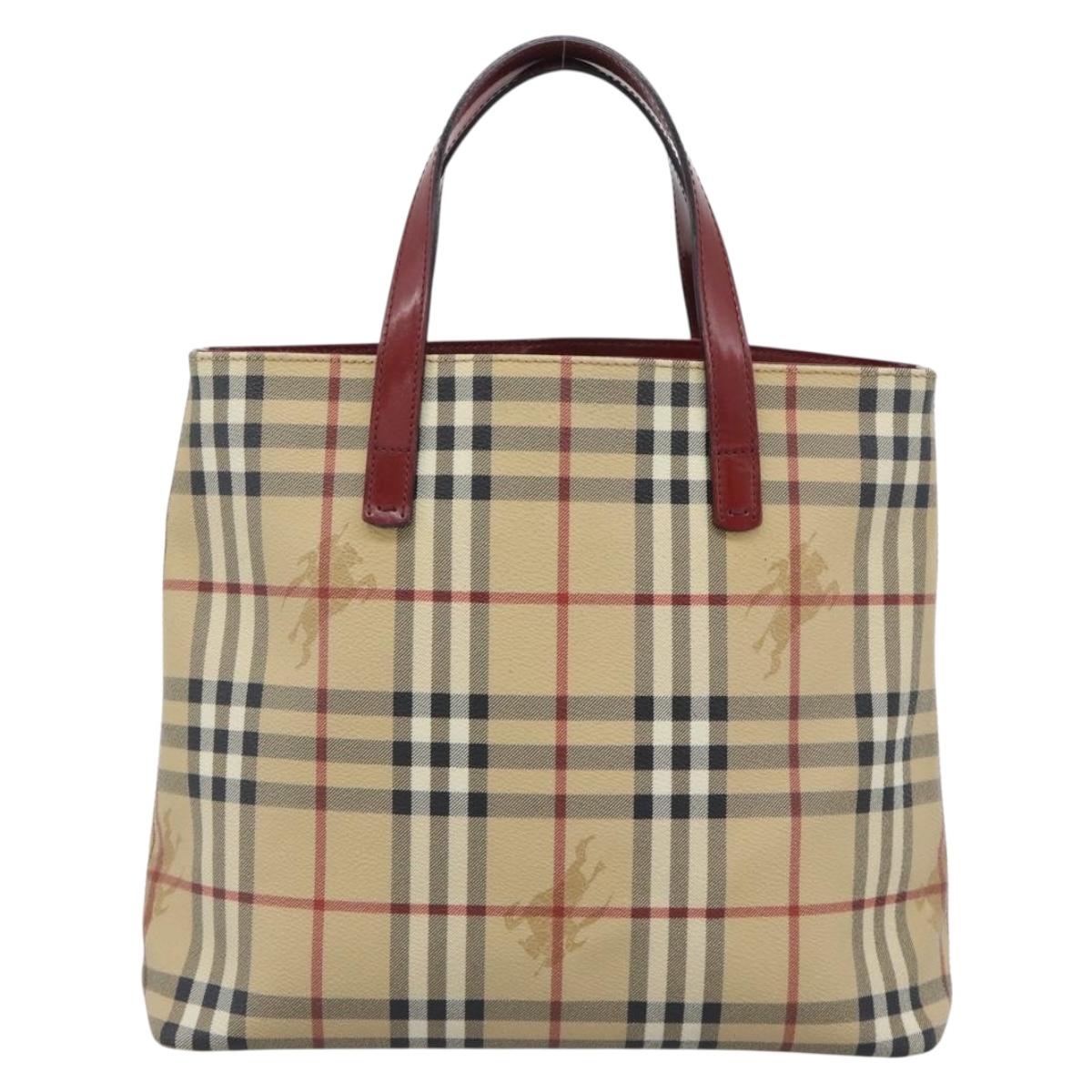 BURBERRY Nova Check Hand Bag PVC Beige Silver Auth 190798A