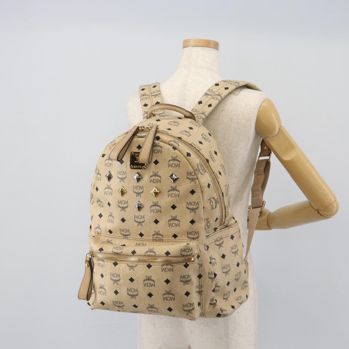MCM Vicetos Logogram Backpack PVC Leather Beige Gold Auth 190802