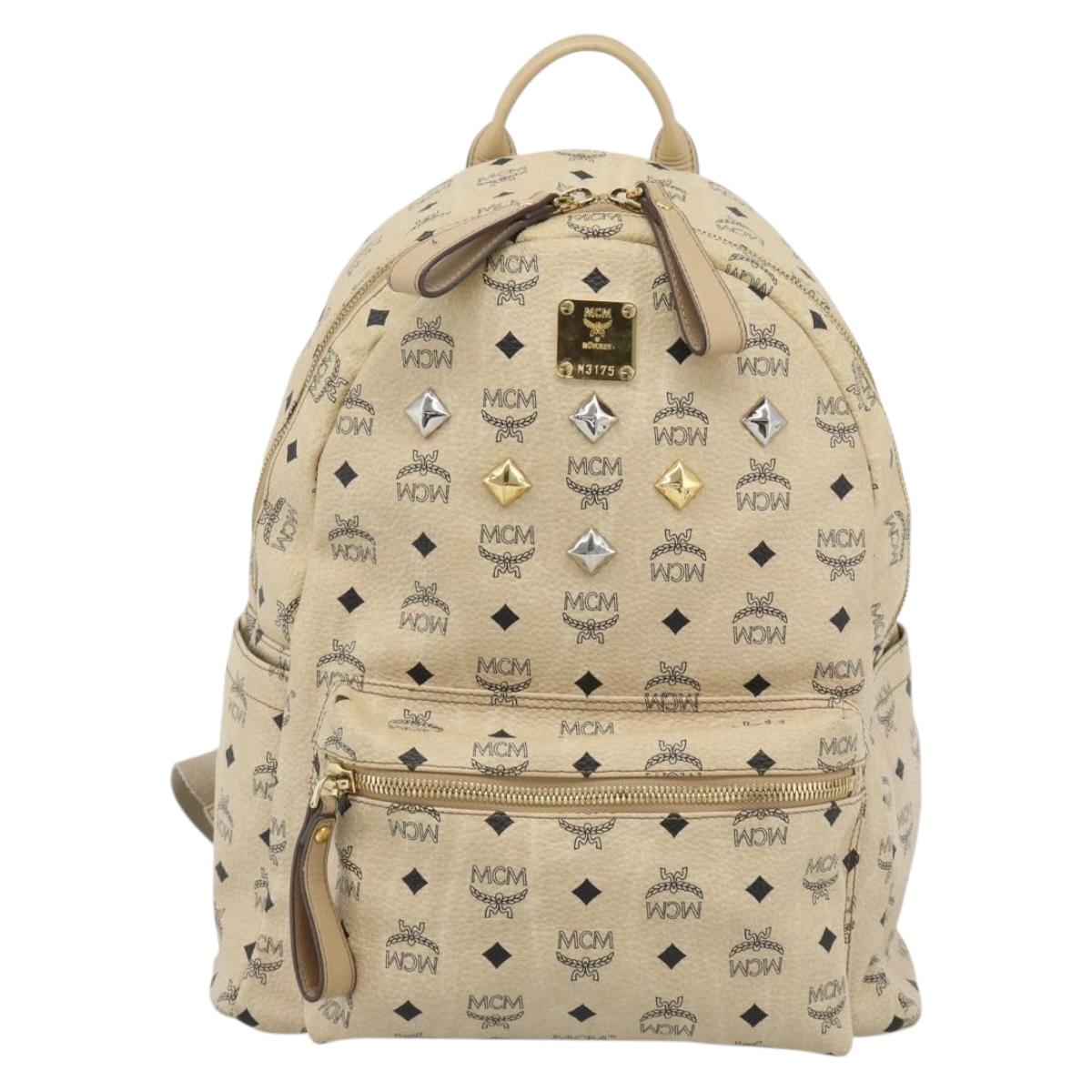 MCM Vicetos Logogram Backpack PVC Leather Beige Gold Auth 190802