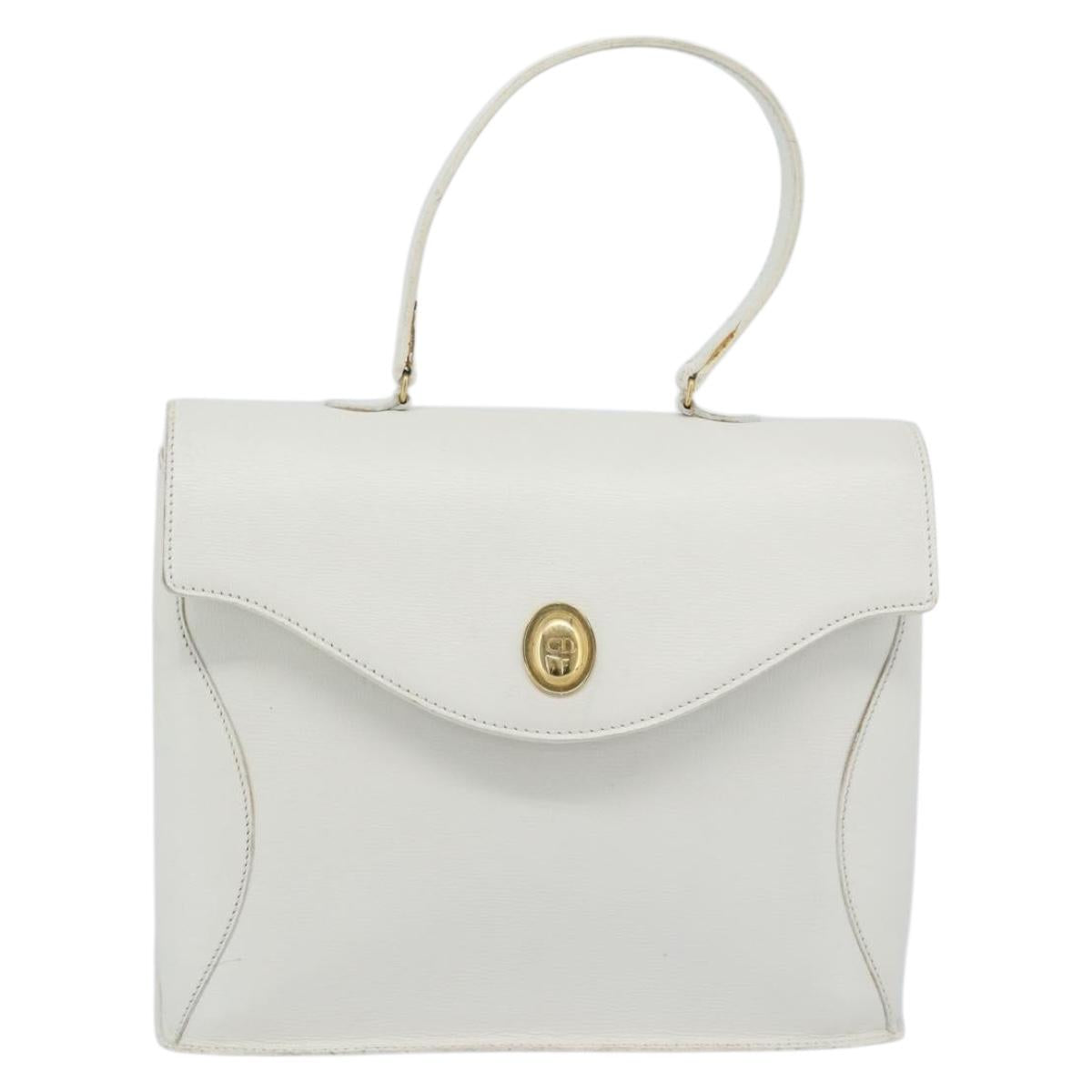 Christian Dior Hand Bag Leather White Gold Auth 190806