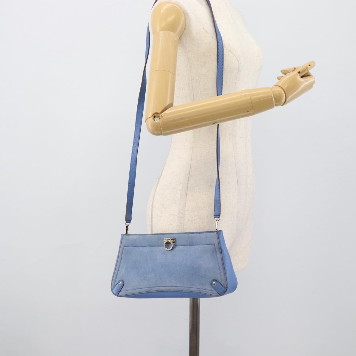 Salvatore Ferragamo Gancini Shoulder Bag Suede Blue Gold Auth 190833