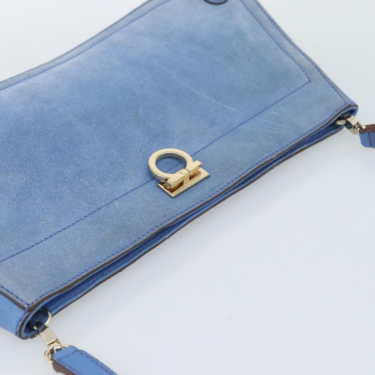 Salvatore Ferragamo Gancini Shoulder Bag Suede Blue Gold Auth 190833
