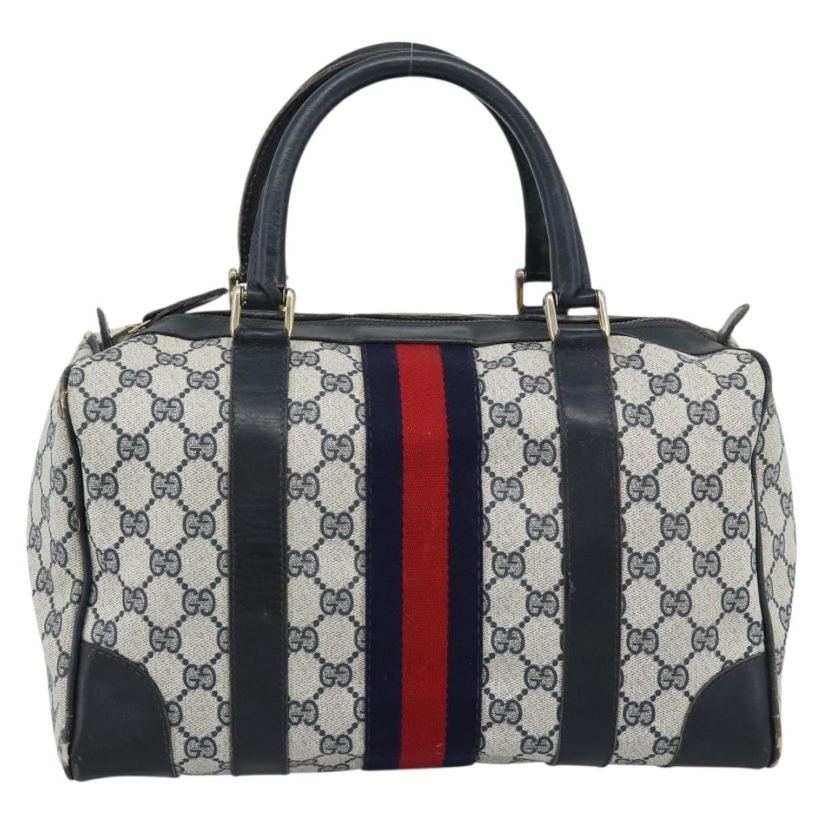 GUCCI GG Supreme Sherry Line Boston Bag Navy Gold Auth 190835