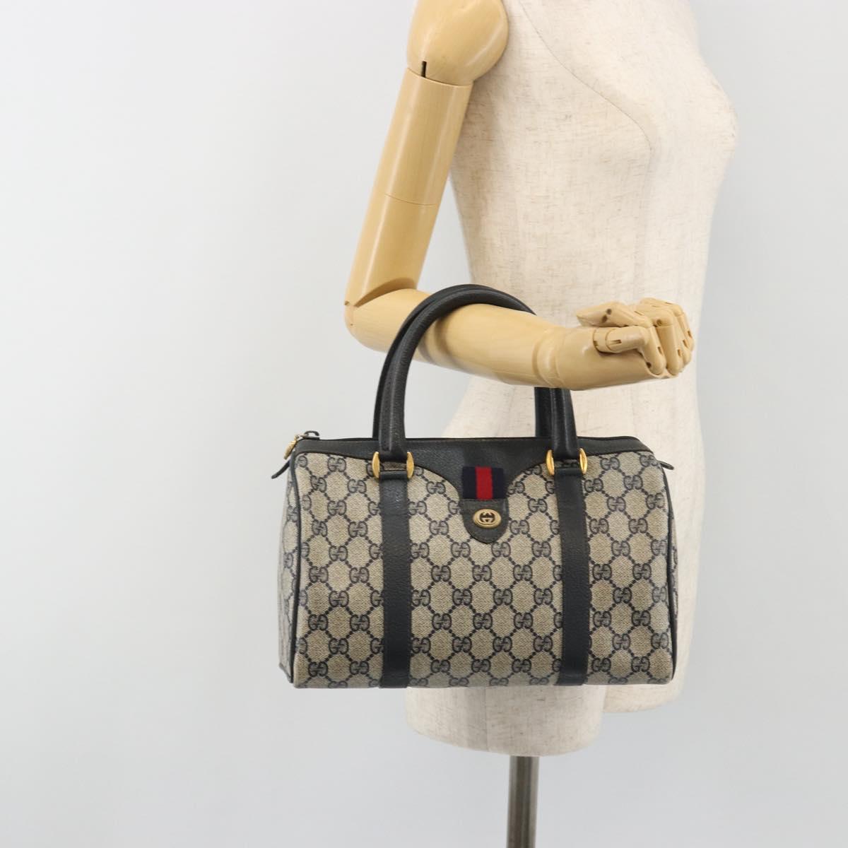 GUCCI GG Supreme Sherry Line Boston Bag PVC Navy Gold 40 02 006 Auth 190850