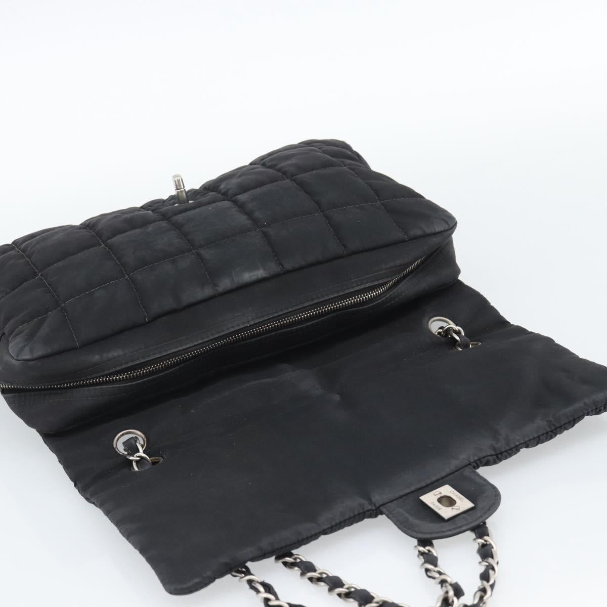 CHANEL Choco Bar Chain Shoulder Bag Nylon Black Silver CC Auth 190857A