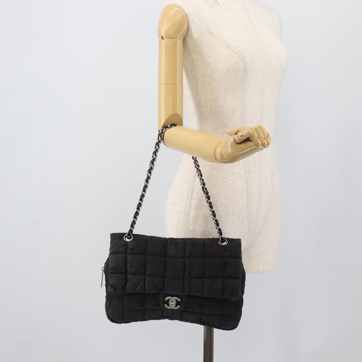 CHANEL Choco Bar Chain Shoulder Bag Nylon Black Silver CC Auth 190857A