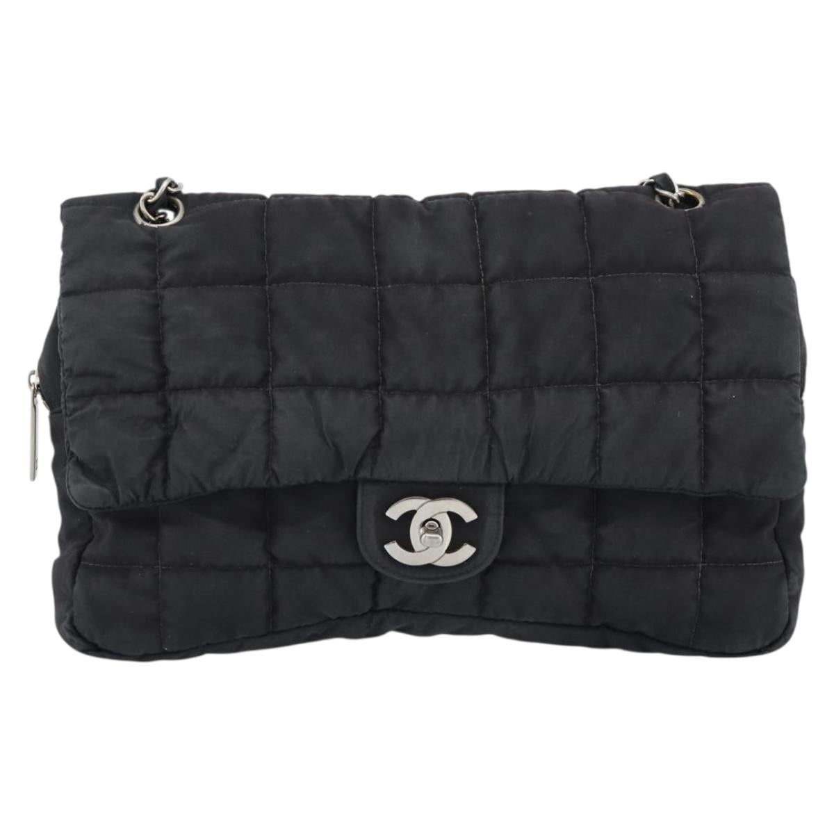 CHANEL Choco Bar Chain Shoulder Bag Nylon Black Silver CC Auth 190857A