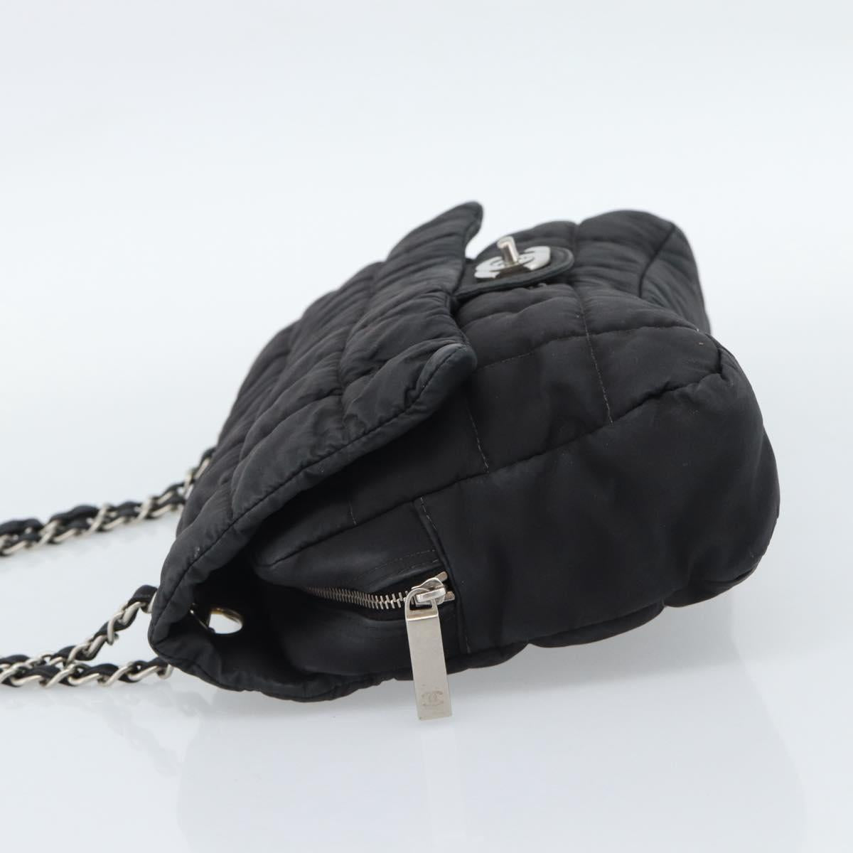CHANEL Choco Bar Chain Shoulder Bag Nylon Black Silver CC Auth 190857A
