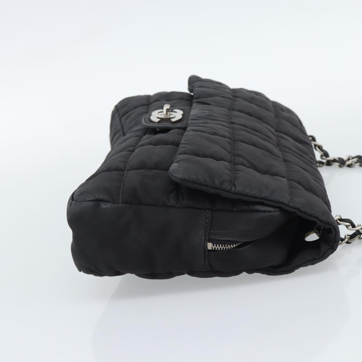 CHANEL Choco Bar Chain Shoulder Bag Nylon Black Silver CC Auth 190857A