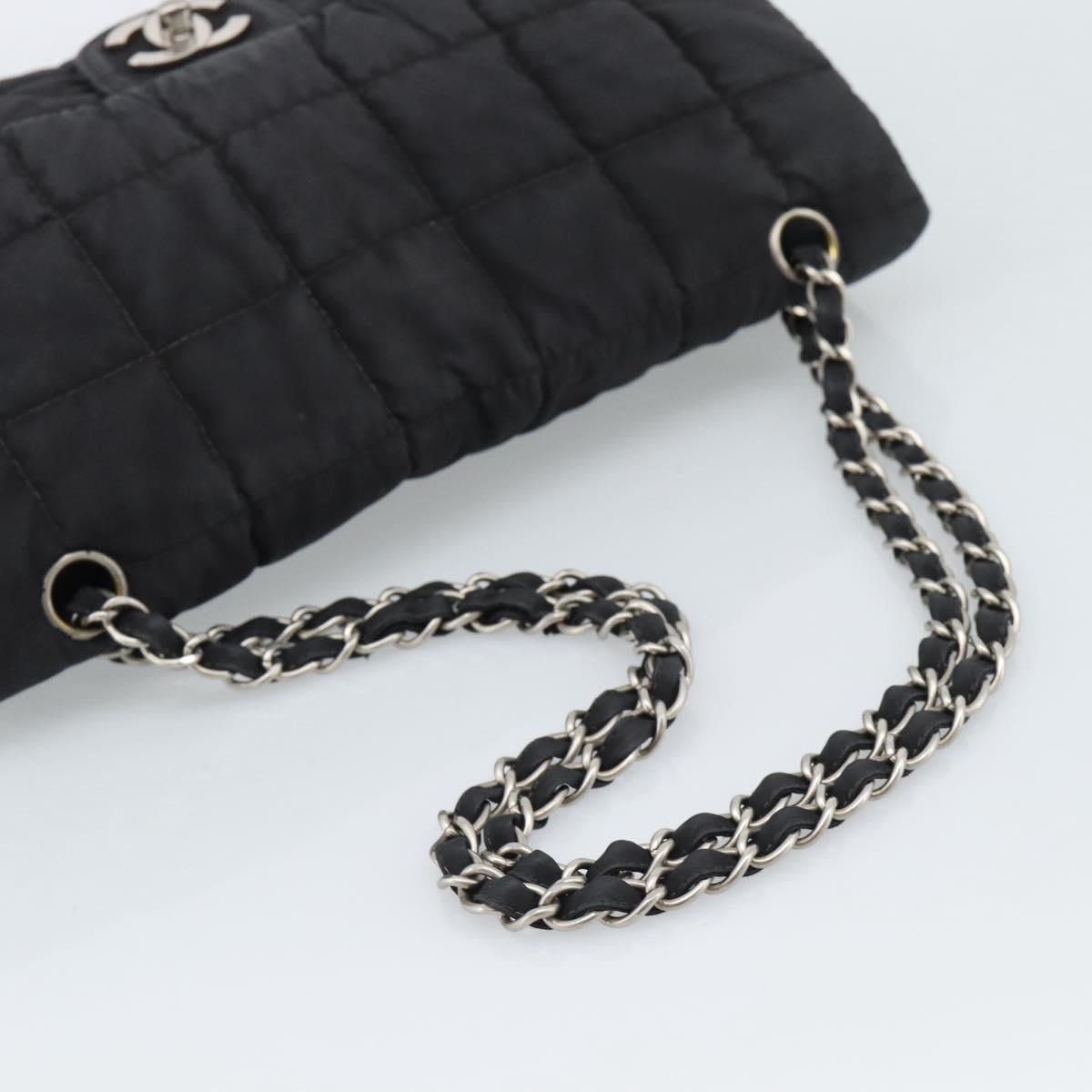 CHANEL Choco Bar Chain Shoulder Bag Nylon Black Silver CC Auth 190857A