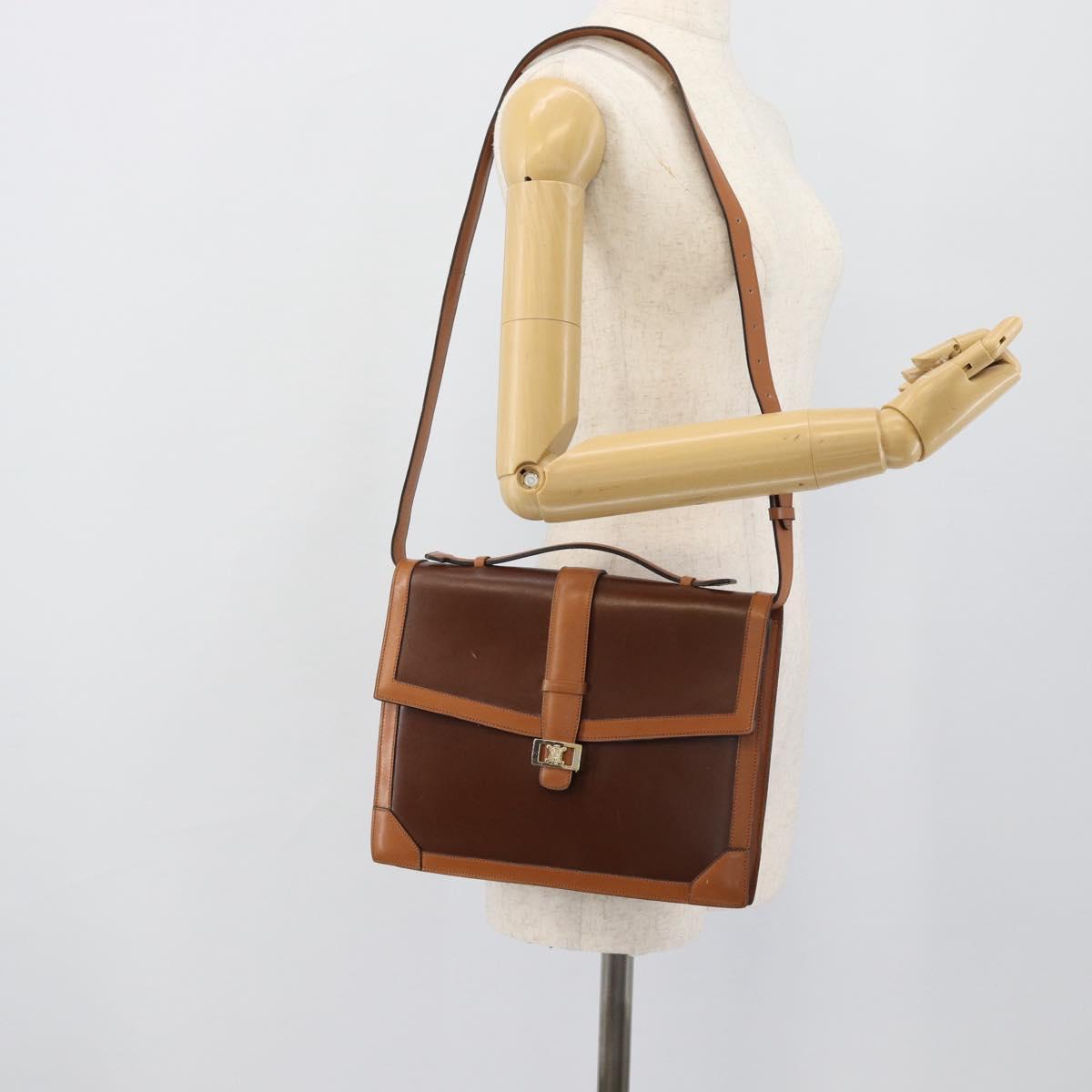CELINE Hand Bag Leather 2way Brown Gold Auth 190881