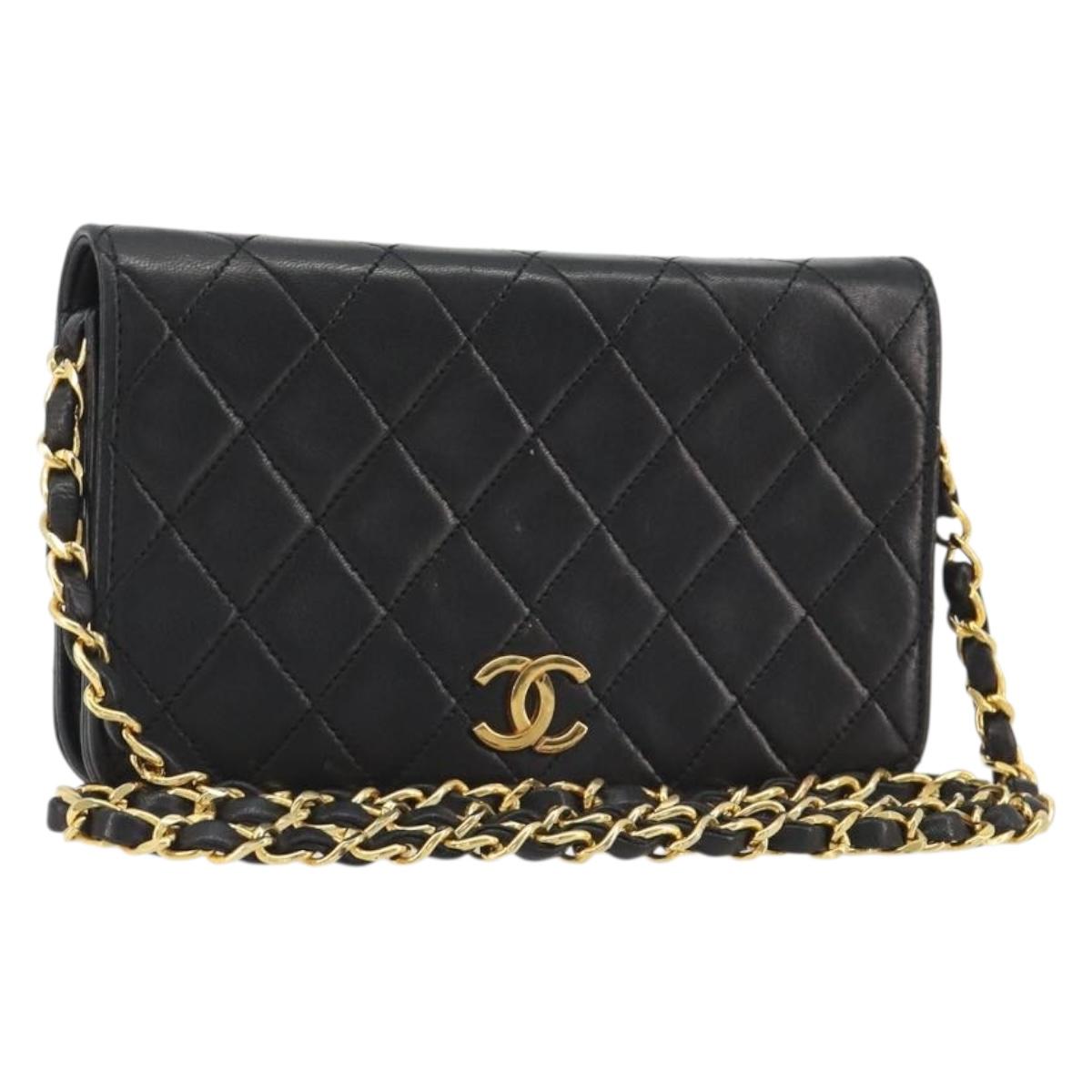 CHANEL Matelasse Chain Shoulder Bag Lamb Skin Black Gold CC Auth 190883