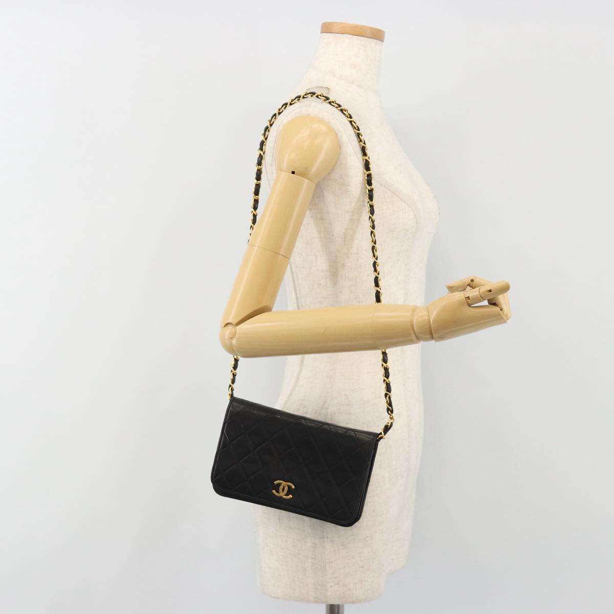 CHANEL Matelasse Chain Shoulder Bag Lamb Skin Black Gold CC Auth 190883