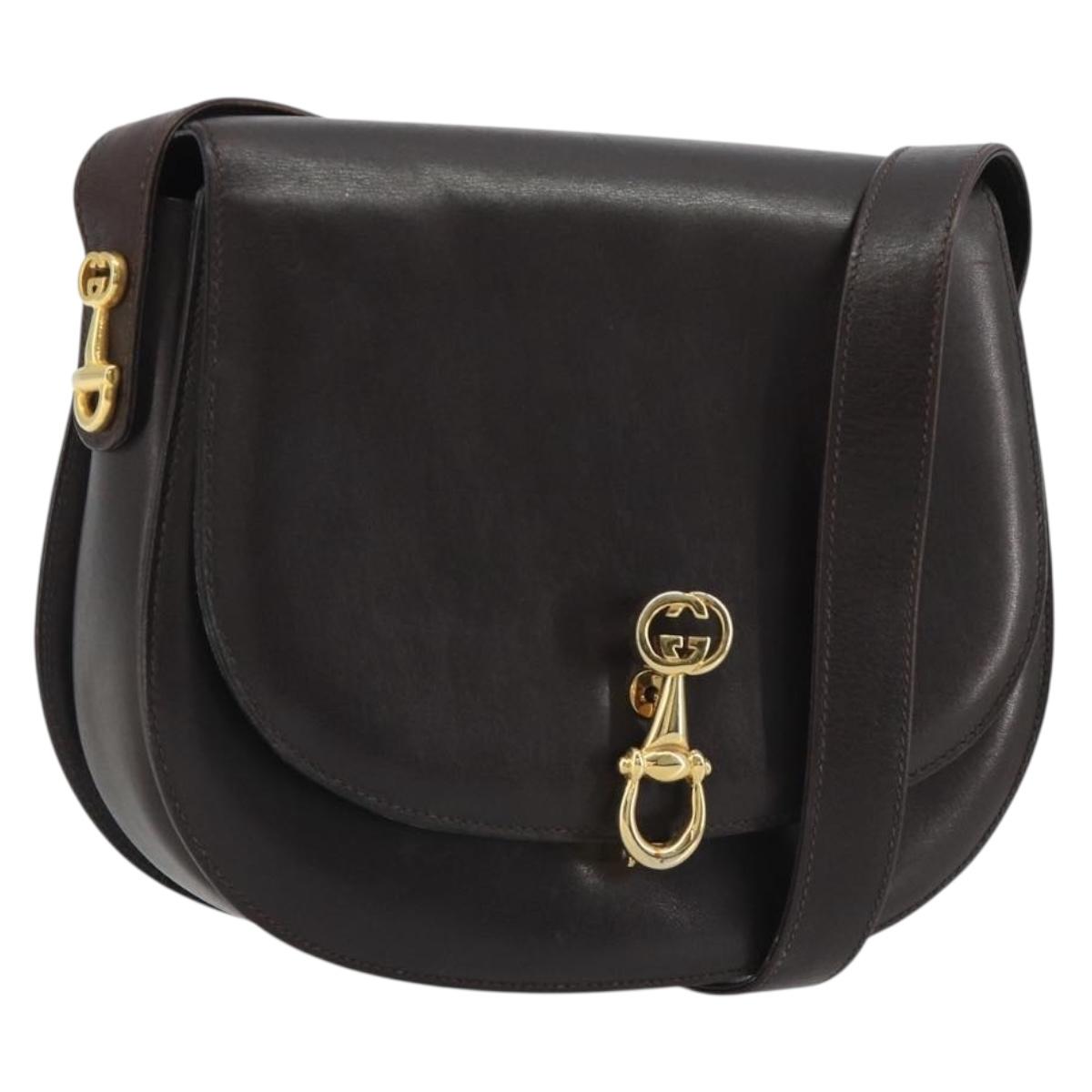 GUCCI Shoulder Bag Leather Brown Gold Auth 190885